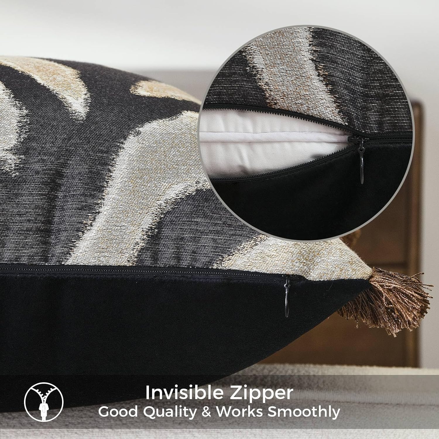 Luxury Zebra Lumbar Pillow Cover with Brown Tassel Trim, Zebra Pattern Jacquard Design Decorative Pillow Case for Sofa Bedroom Living Room, 12x20 Inch (Single Pack)