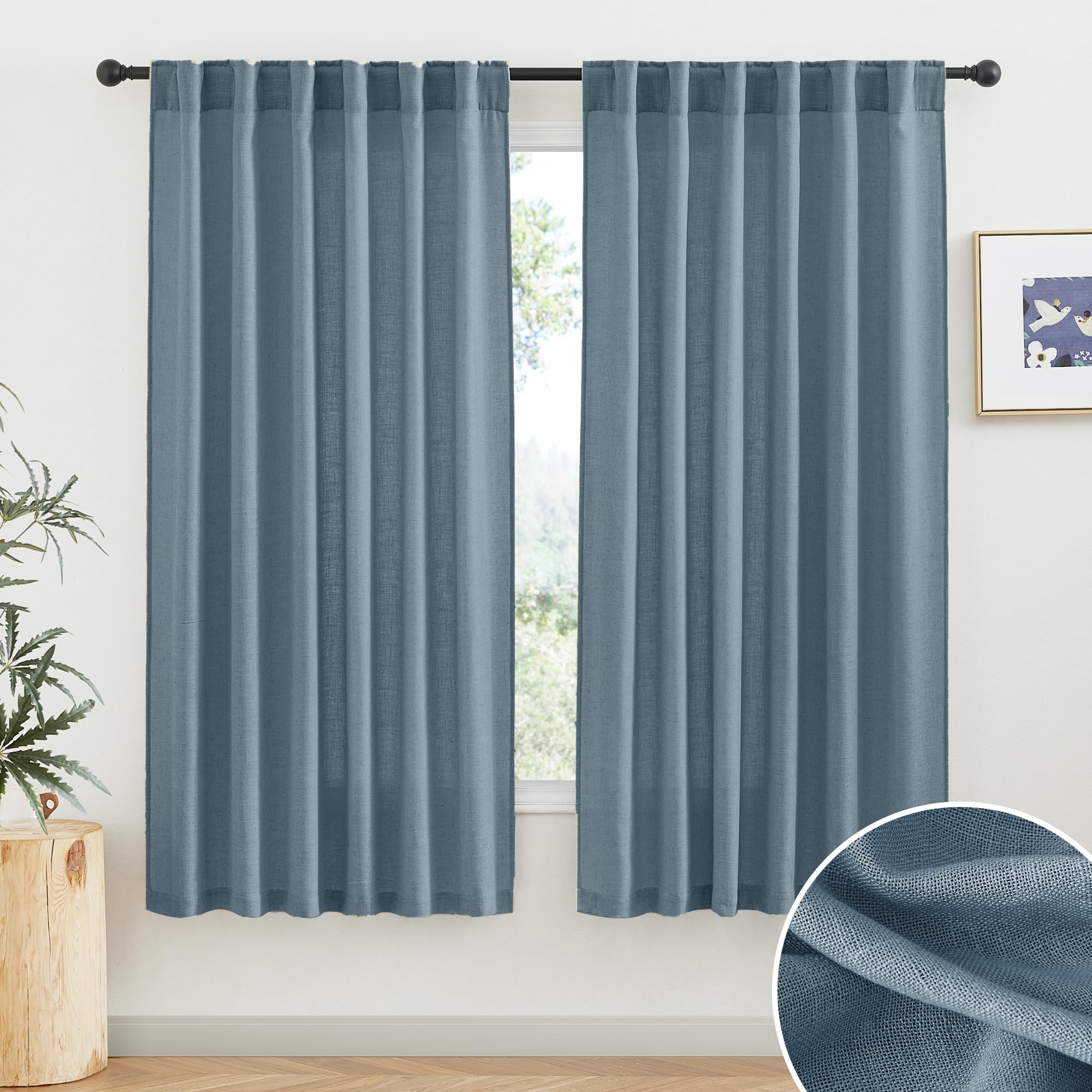 RYB HOME Farmhouse Sheer Curtains 108 inch Length, Semi Sheer Curtain & Drapes Large Window Dressing Lights & Winds Filter for Bedroom Home Office Living Room, Linen, W 70 x L 108 inch Long, 1 Pair