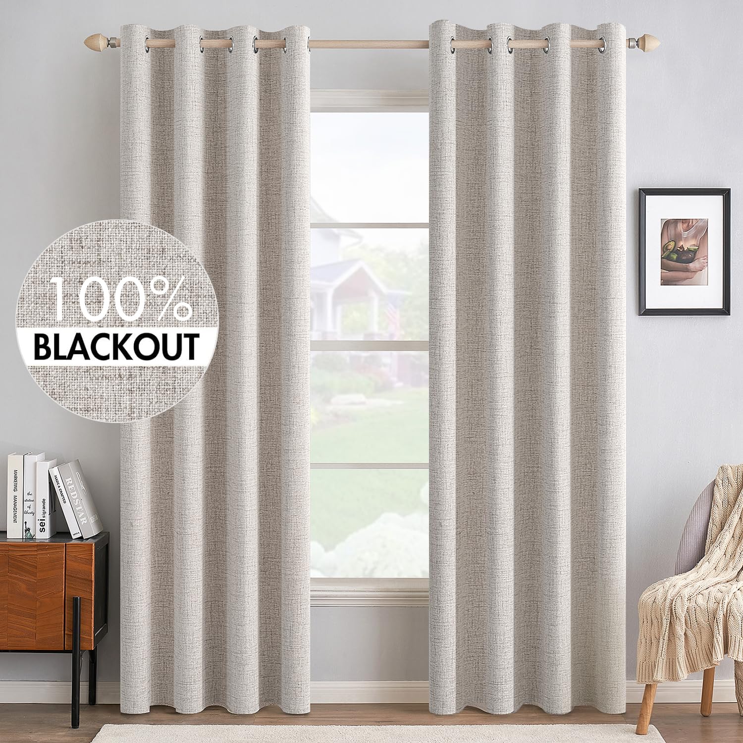 MIULEE 100% Blackout Linen Curtains for Bedroom Thermal Insulated Birch Grommet Room Darkening Curtains & Drapes for Living Room Nursery 52 x 96 Inch (2 Panels)
