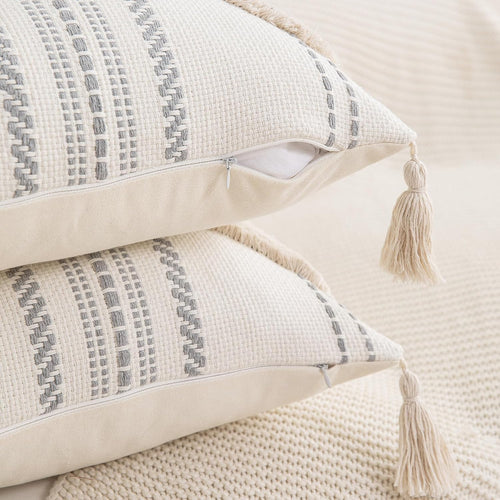 2-Pack 18×18" Beige Boho Tufted Pillow Covers with Tassels, Woven Cotton Decor Cases for Sofa & Bed