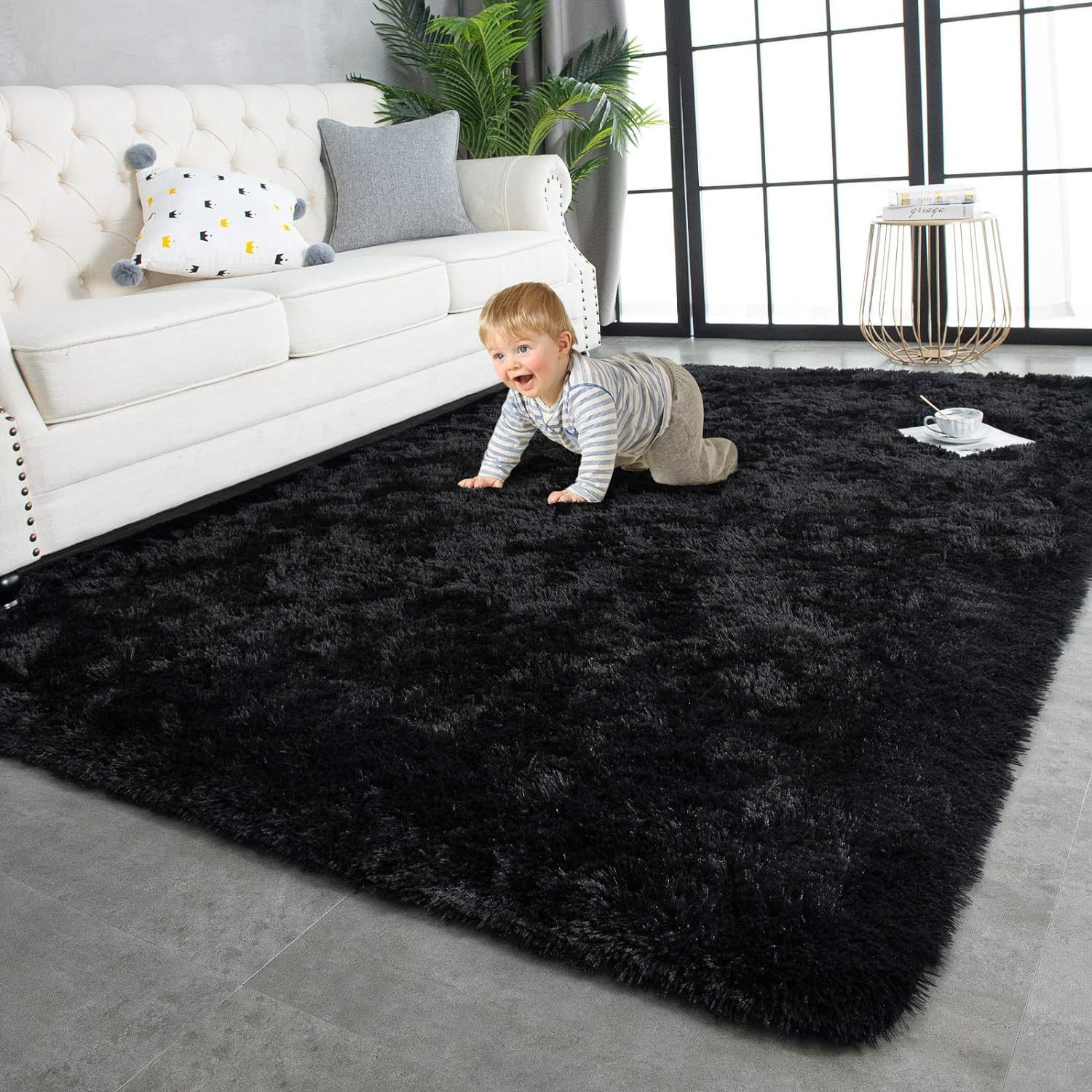 TWINNIS Super Soft Shaggy Rugs Fluffy Carpets, 6x9 Feet, Indoor Modern Plush Area Rugs for Living Room Bedroom Kids Room Nursery Home Decor, Upgrade Anti-Skid Rectangular Fuzzy Rug, Black Gray