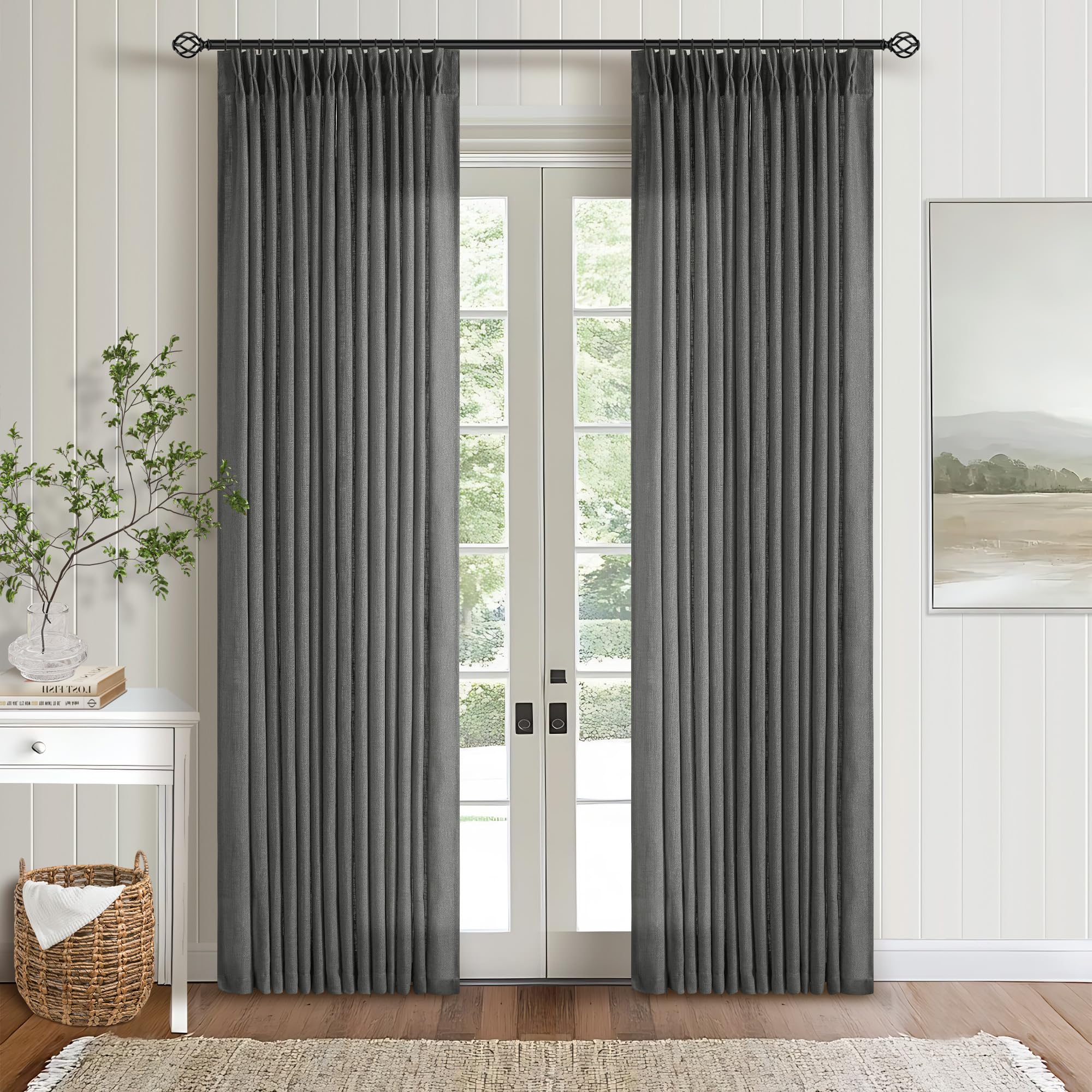 90 Inch Pinch Pleated Linen Curtains 2 Panel Set for Living Room Cream Natural Thick Linen Textured Drapes 90 Inches Long Pinch Pleat Drapes Birch Ivory Semi Sheer Curtain for Dining Bedroom Office