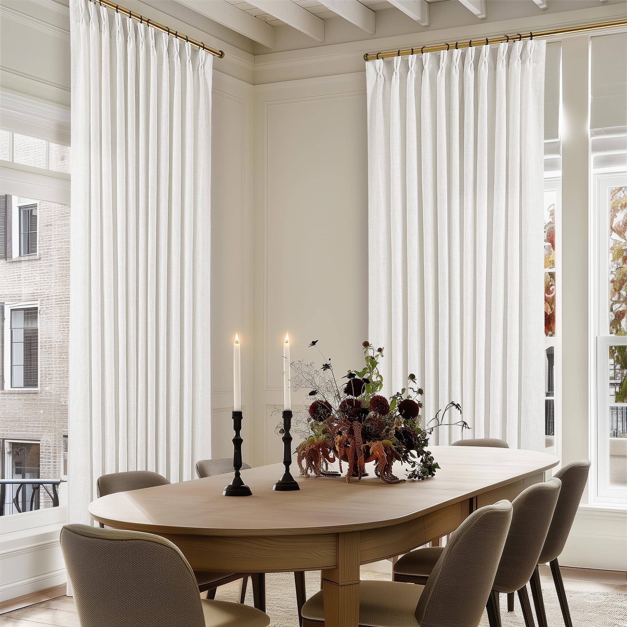90 Inch Pinch Pleated Linen Curtains 2 Panel Set for Living Room Cream Natural Thick Linen Textured Drapes 90 Inches Long Pinch Pleat Drapes Birch Ivory Semi Sheer Curtain for Dining Bedroom Office
