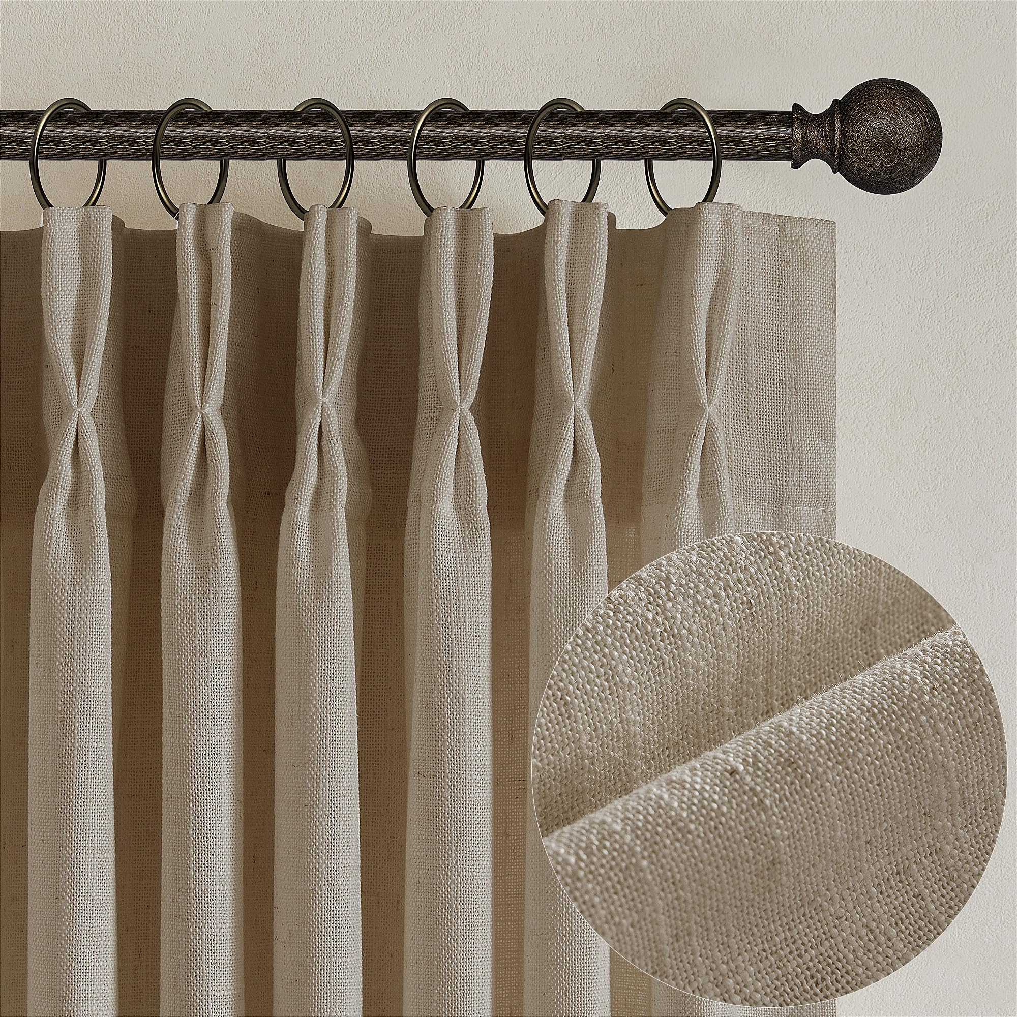 90 Inch Pinch Pleated Linen Curtains 2 Panel Set for Living Room Cream Natural Thick Linen Textured Drapes 90 Inches Long Pinch Pleat Drapes Birch Ivory Semi Sheer Curtain for Dining Bedroom Office