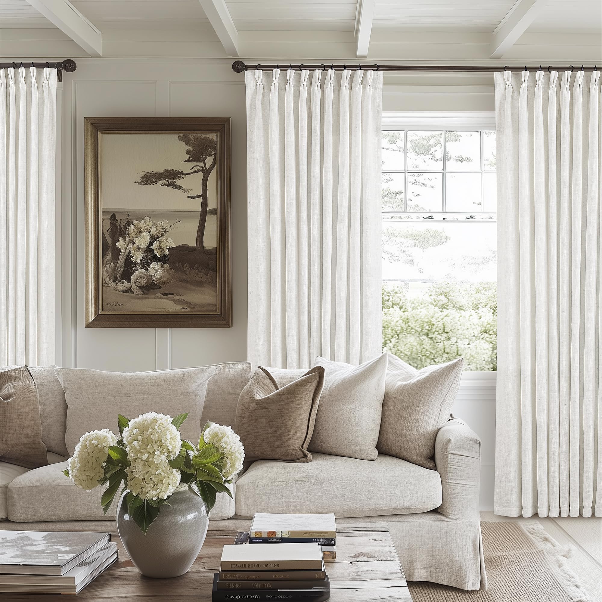 90 Inch Pinch Pleated Linen Curtains 2 Panel Set for Living Room Cream Natural Thick Linen Textured Drapes 90 Inches Long Pinch Pleat Drapes Birch Ivory Semi Sheer Curtain for Dining Bedroom Office