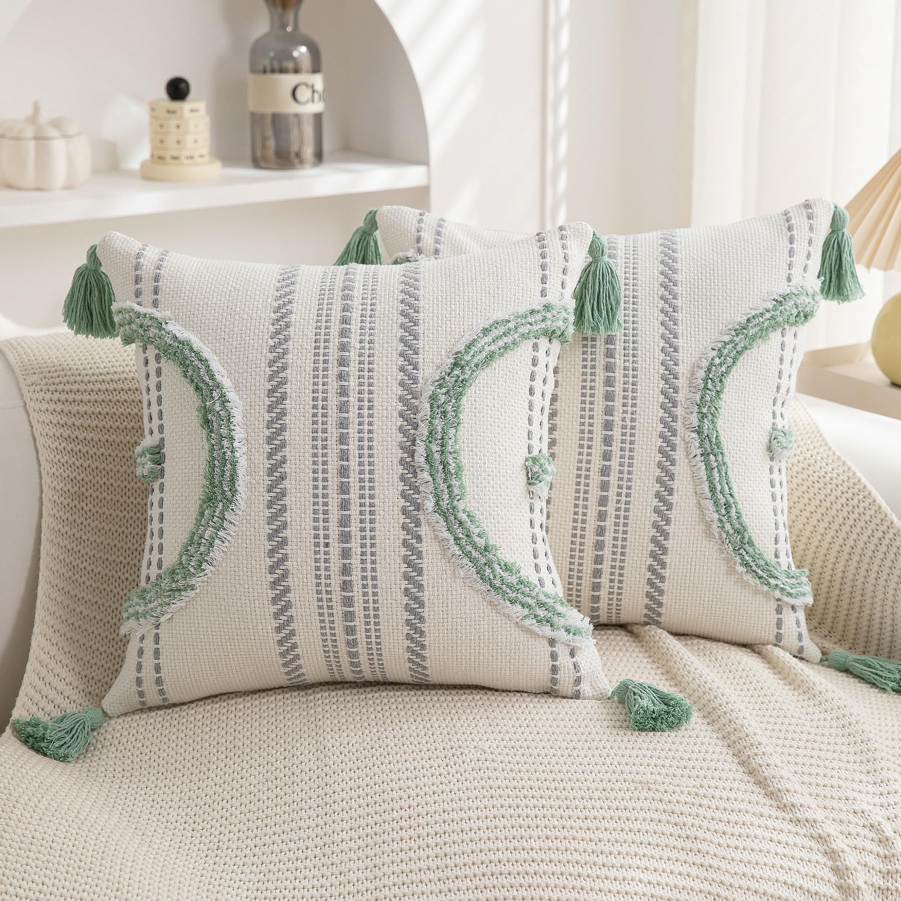 2-Pack 18×18" Beige Boho Tufted Pillow Covers with Tassels, Woven Cotton Decor Cases for Sofa & Bed