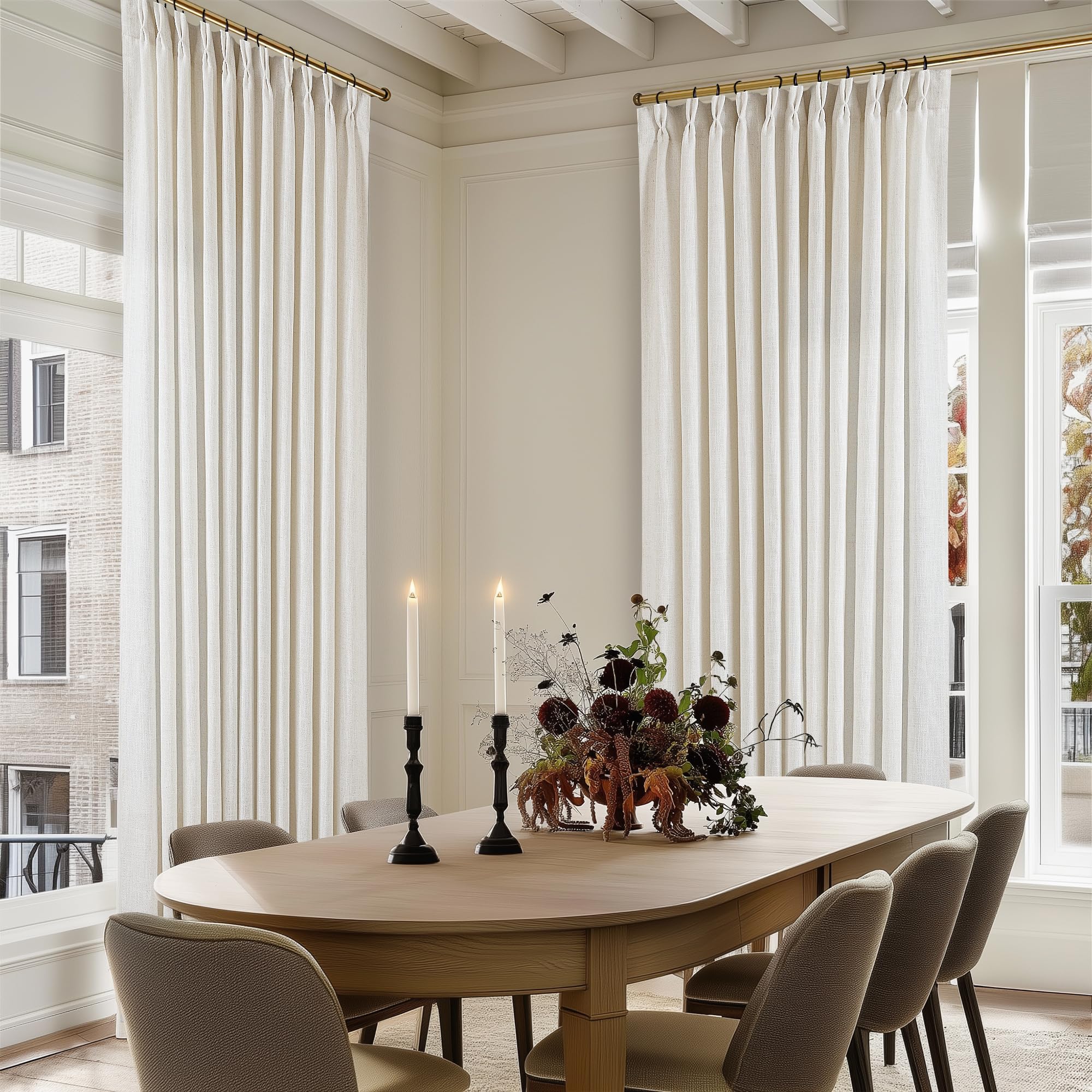 90 Inch Pinch Pleated Linen Curtains 2 Panel Set for Living Room Cream Natural Thick Linen Textured Drapes 90 Inches Long Pinch Pleat Drapes Birch Ivory Semi Sheer Curtain for Dining Bedroom Office