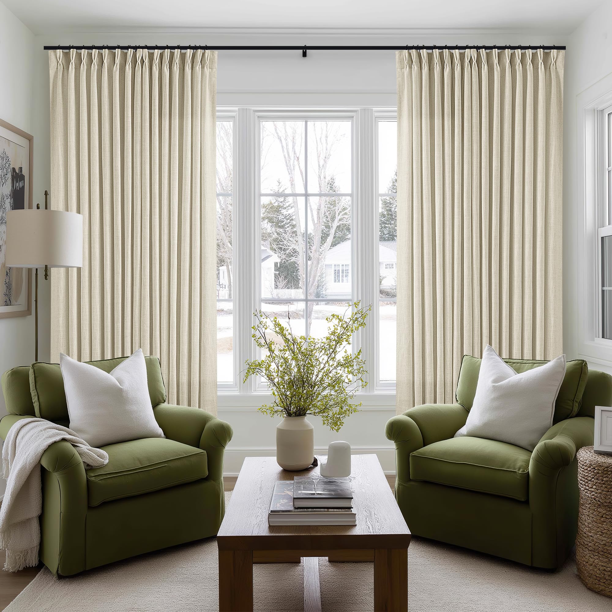 90 Inch Pinch Pleated Linen Curtains 2 Panel Set for Living Room Cream Natural Thick Linen Textured Drapes 90 Inches Long Pinch Pleat Drapes Birch Ivory Semi Sheer Curtain for Dining Bedroom Office
