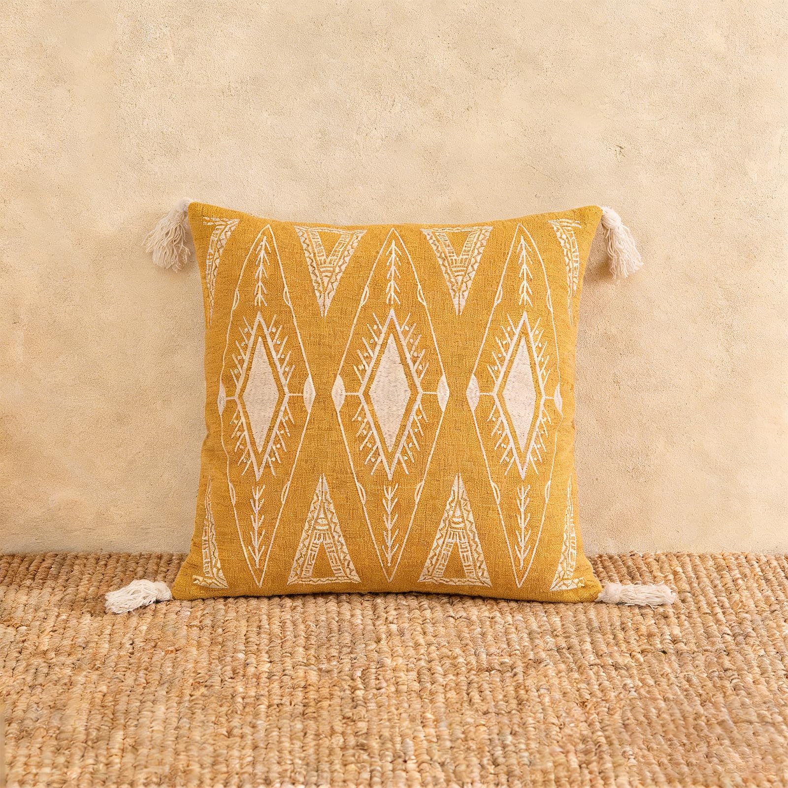 Embroidered Decorative Throw Pillow Cushion, Boho Design with Tassels for Home Accent Decor, Pillow Case Cover with Ultra Soft Insert for Sofa Couch Bed,18x18 Inch (Brown, 18×18 Inch)