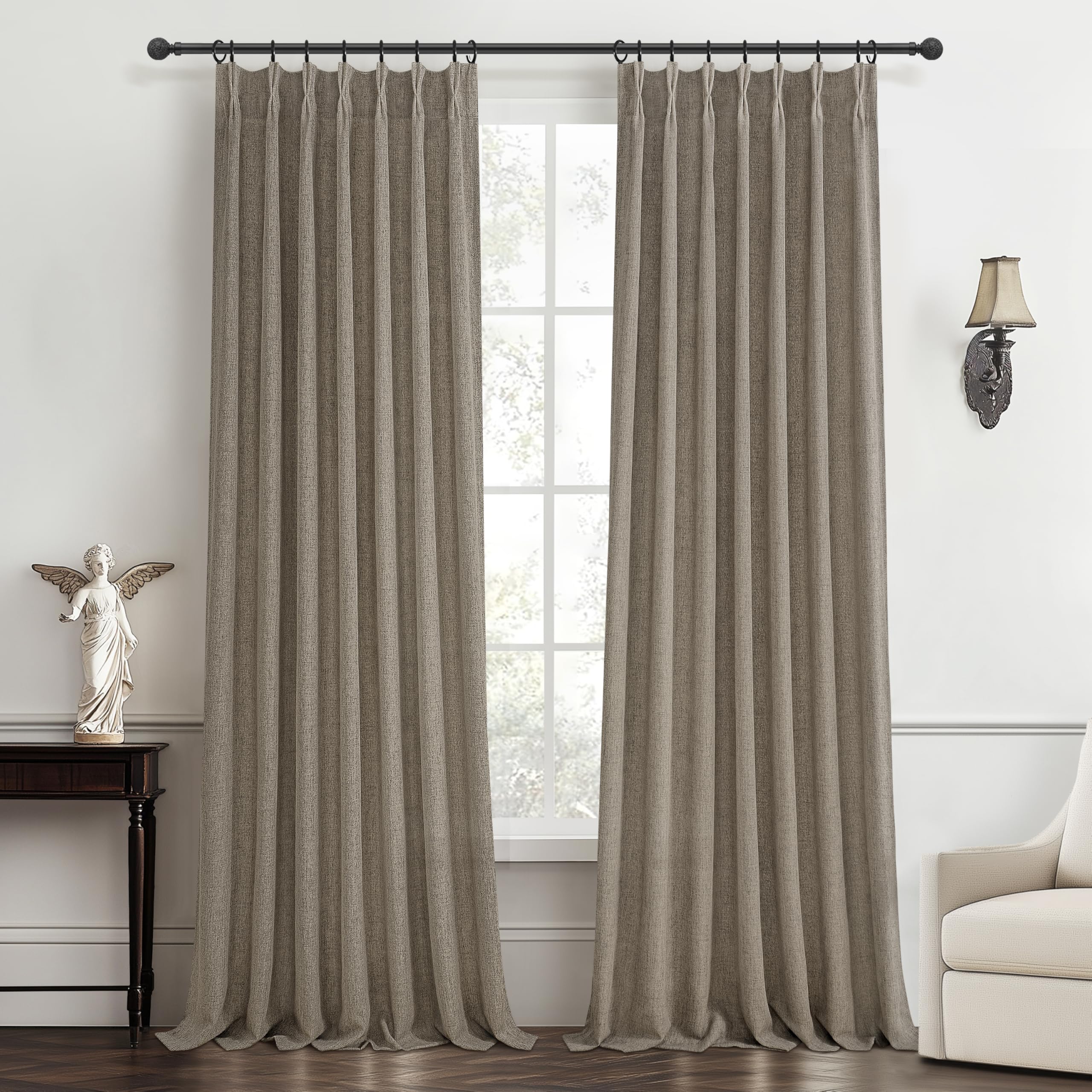PleatedDrapes 96 Inch Curtains 2 Panel Set, Modern Linen Pleat Back Tab Dining Room Window Curtains Light Filtering Aesthetic Semi Sheer Living Room Drapes with Hooks Ring Cream Oatmeal W40 x L96