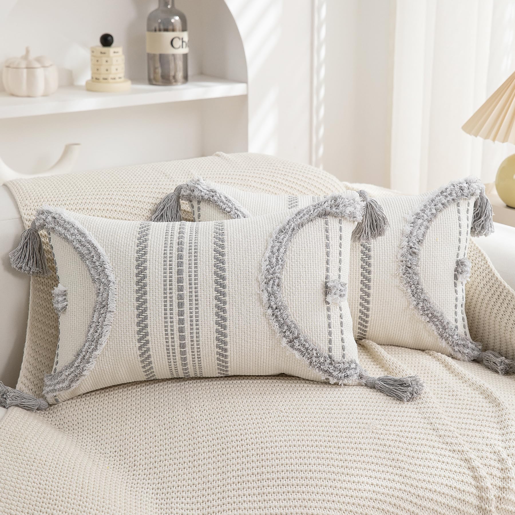 2-Pack 18×18" Beige Boho Tufted Pillow Covers with Tassels, Woven Cotton Decor Cases for Sofa & Bed