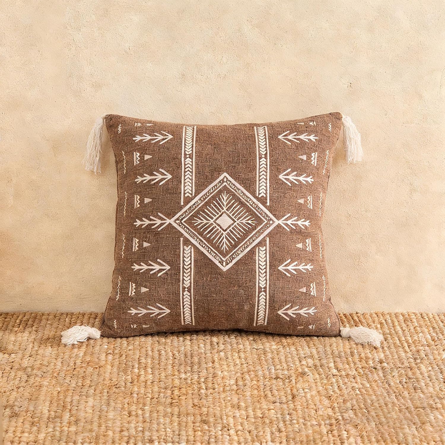 Embroidered Decorative Throw Pillow Cushion, Boho Design with Tassels for Home Accent Decor, Pillow Case Cover with Ultra Soft Insert for Sofa Couch Bed,18x18 Inch (Brown, 18×18 Inch)