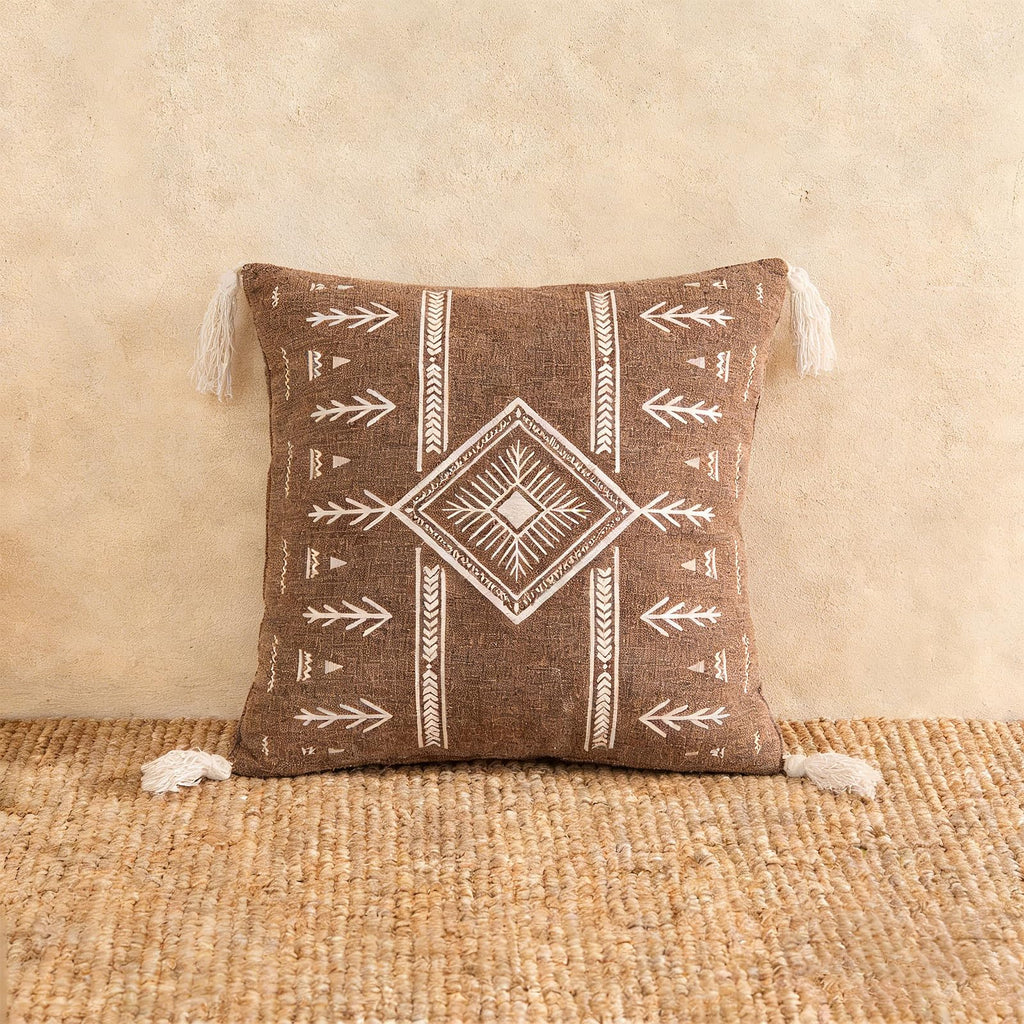 Embroidered Decorative Throw Pillow Cushion, Boho Design with Tassels for Home Accent Decor, Pillow Case Cover with Ultra Soft Insert for Sofa Couch Bed,18x18 Inch (Brown, 18×18 Inch)