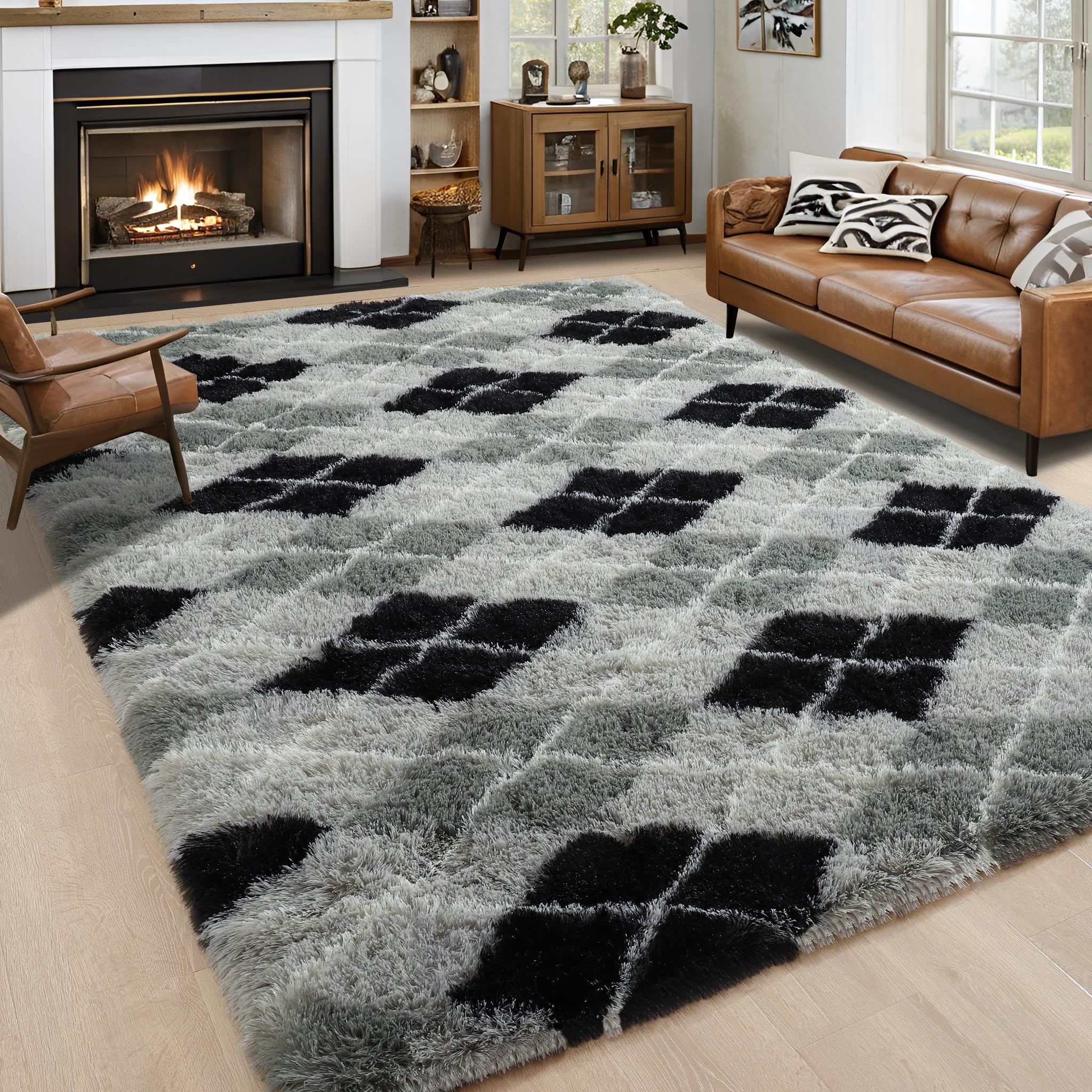 8x10 Extra Large Green Area Rug for Living Room Bedroom Dining Room, Fluffy Shag Soft Plush Furry Carpet Solid Color, Non-Slip Indoor Floor Mat for Kids Home Decor