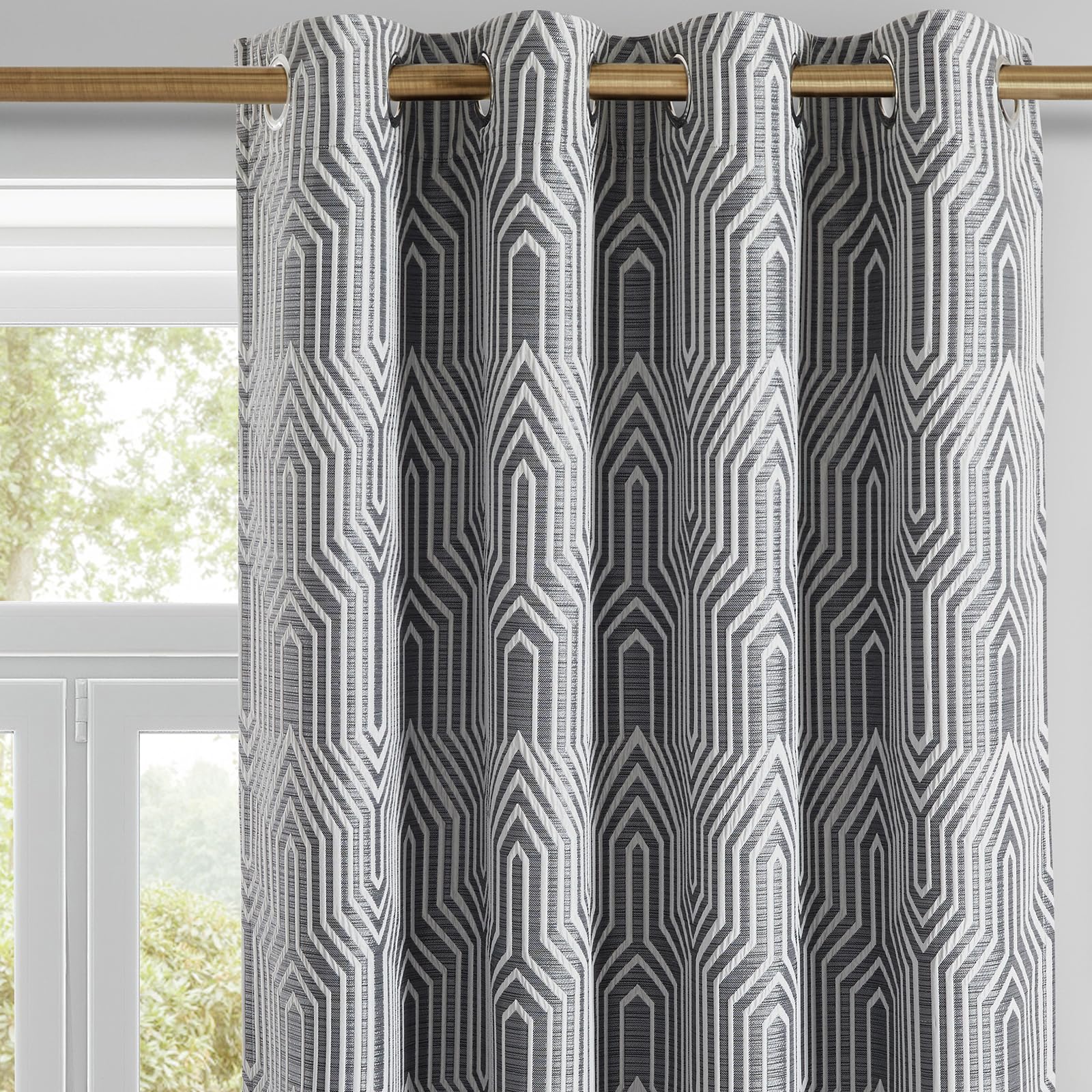 Beige and Silvery 100% Blackout Jacquard Geometric Pattern Curtains,52 Inch Wide 84 Inches Long 2 Panels, Thermal Insulated Noise Reducing Anti-Rust Grommet Drapes for Bedroom Living Room, Cream