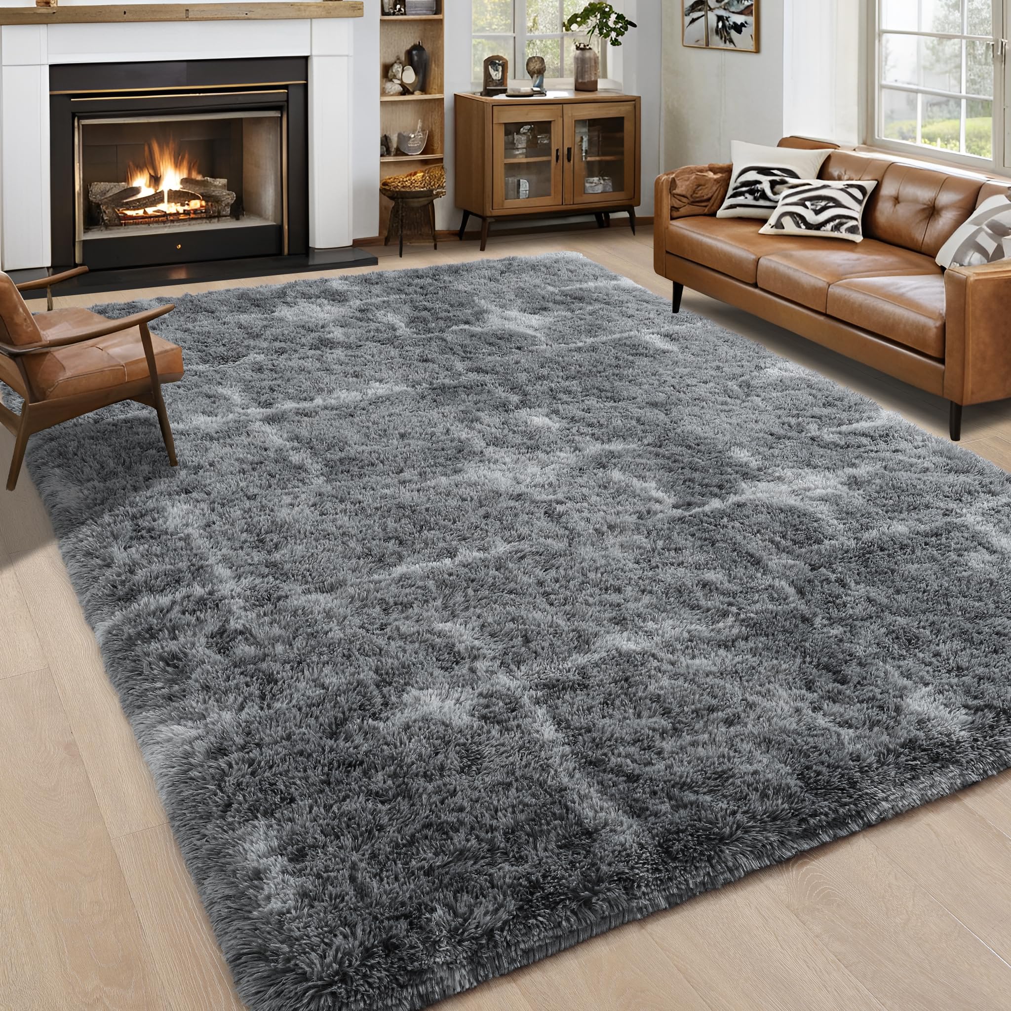 8x10 Extra Large Green Area Rug for Living Room Bedroom Dining Room, Fluffy Shag Soft Plush Furry Carpet Solid Color, Non-Slip Indoor Floor Mat for Kids Home Decor