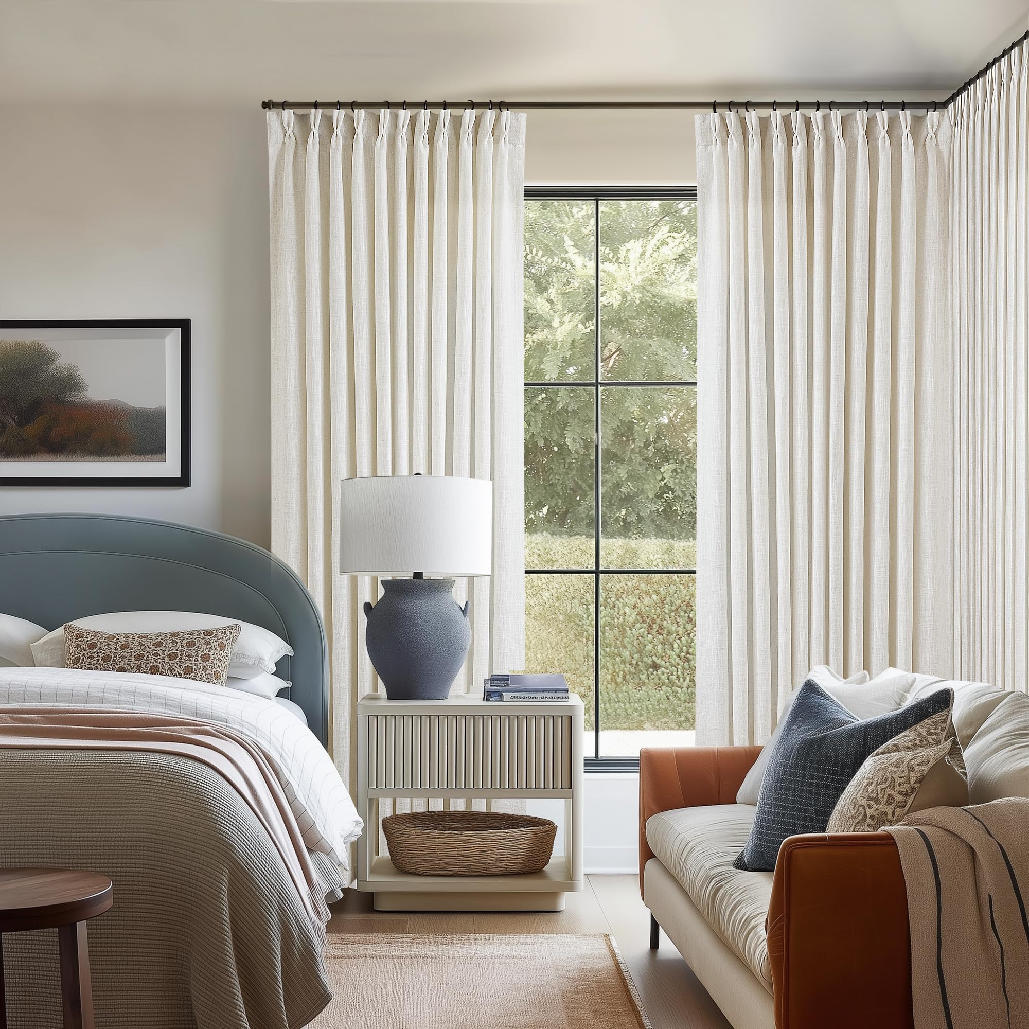 90 Inch Pinch Pleated Linen Curtains 2 Panel Set for Living Room Cream Natural Thick Linen Textured Drapes 90 Inches Long Pinch Pleat Drapes Birch Ivory Semi Sheer Curtain for Dining Bedroom Office