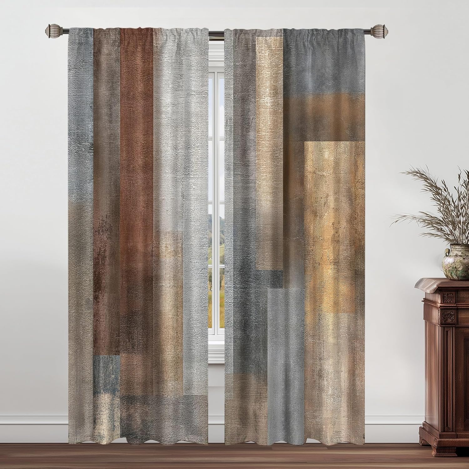 Abstract Brown Grey Curtains 52Wx84H Inch Rod Pocket Rustic Vintage Geometric Blocks Farmhouse Modern Minimalist Art Printed Simple Living Room Bedroom Window Drapes Treatment 2 Panels