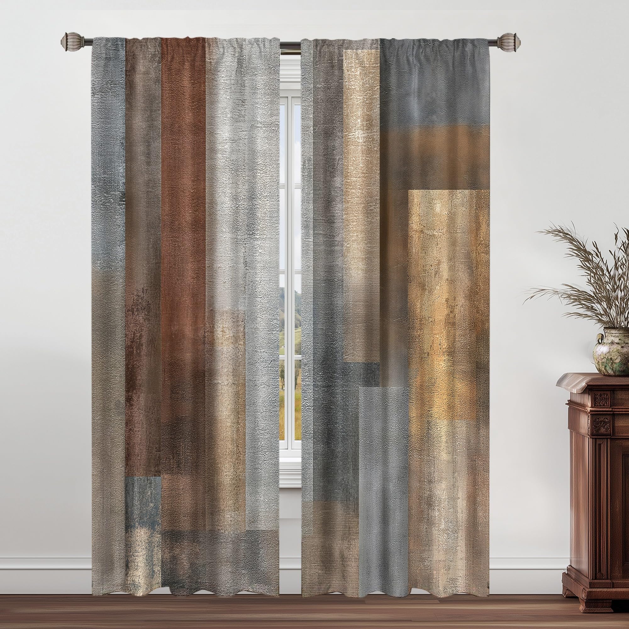 Abstract Brown Grey Curtains 52Wx84H Inch Rod Pocket Rustic Vintage Geometric Blocks Farmhouse Modern Minimalist Art Printed Simple Living Room Bedroom Window Drapes Treatment 2 Panels