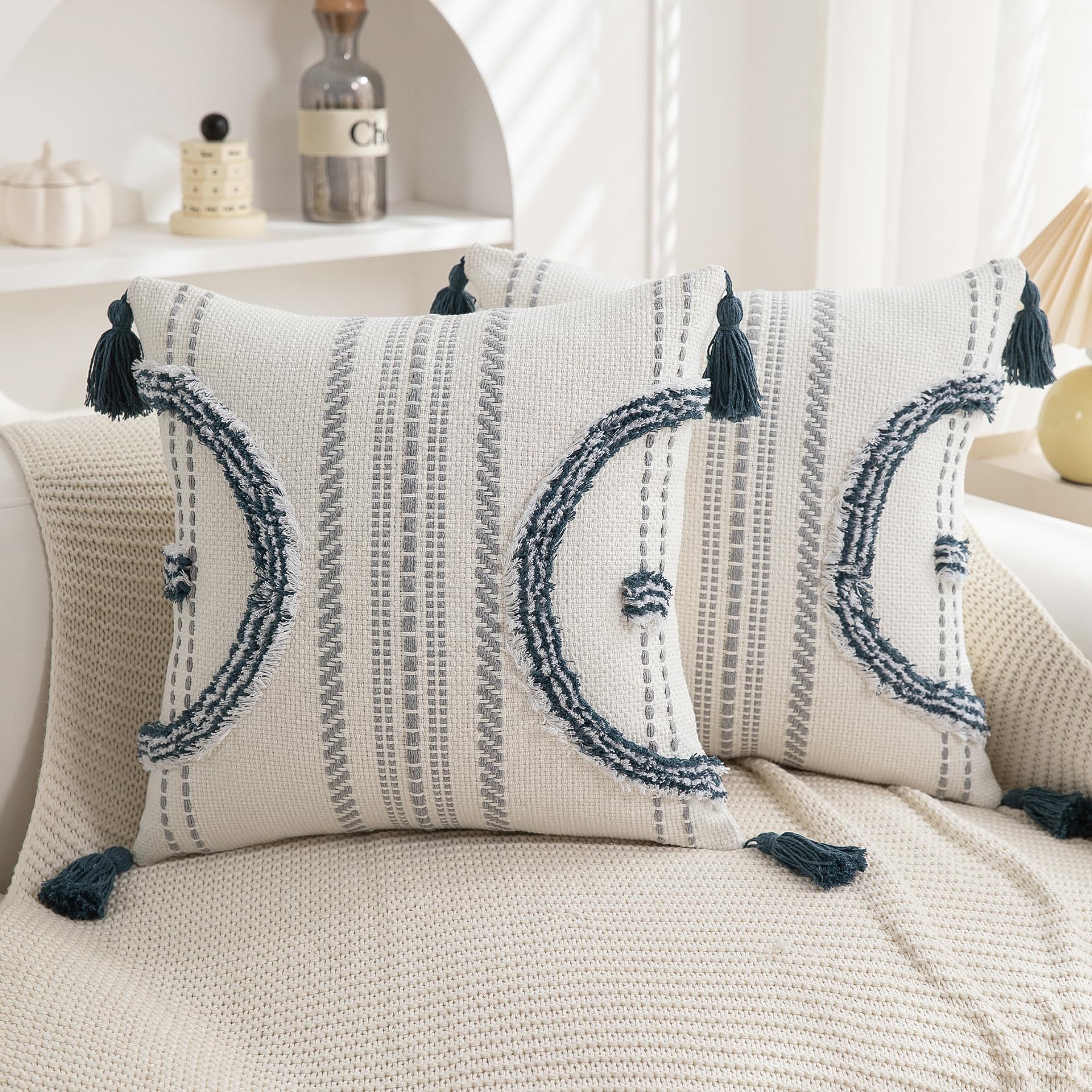 2-Pack 18×18" Beige Boho Tufted Pillow Covers with Tassels, Woven Cotton Decor Cases for Sofa & Bed