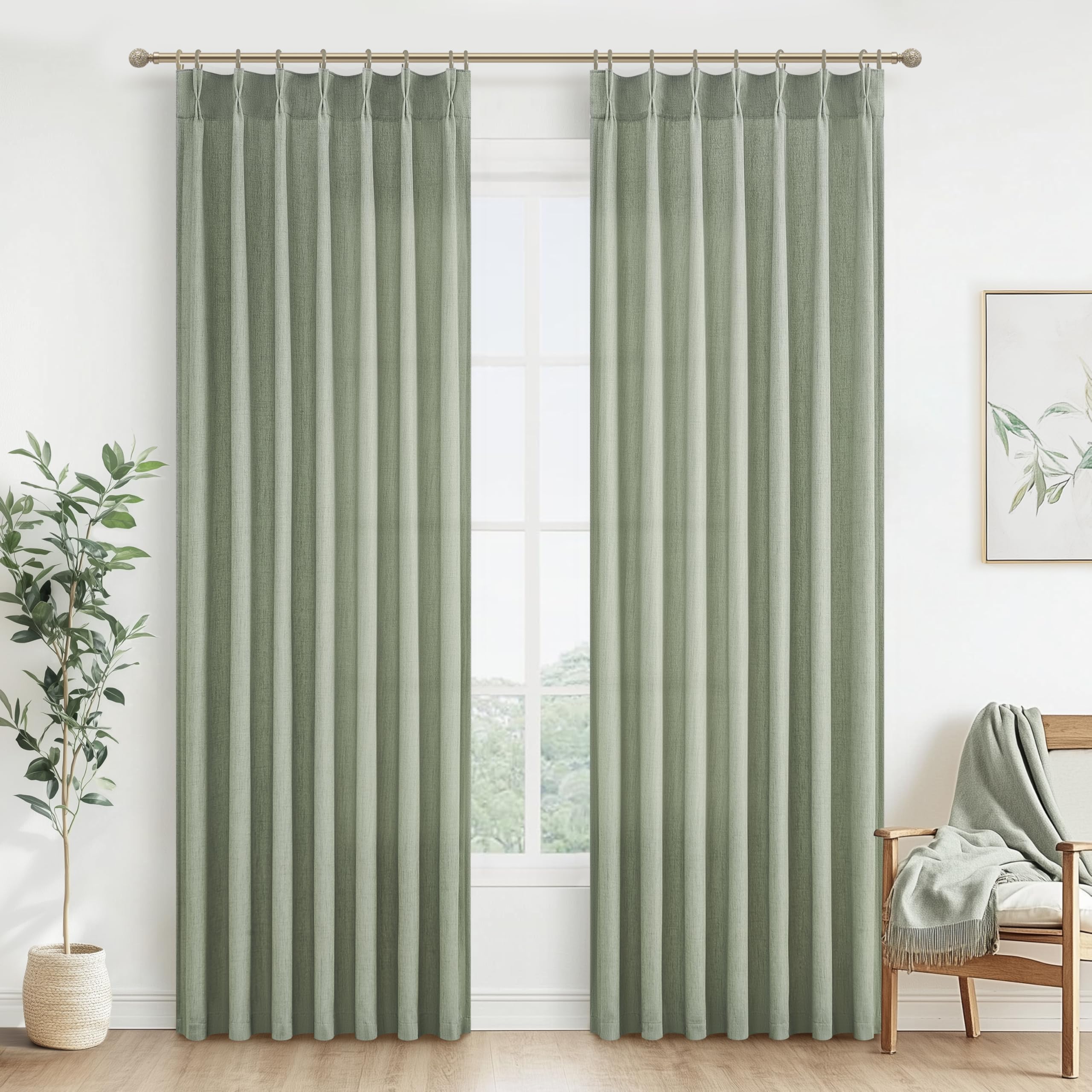 PleatedDrapes 96 Inch Curtains 2 Panel Set, Modern Linen Pleat Back Tab Dining Room Window Curtains Light Filtering Aesthetic Semi Sheer Living Room Drapes with Hooks Ring Cream Oatmeal W40 x L96