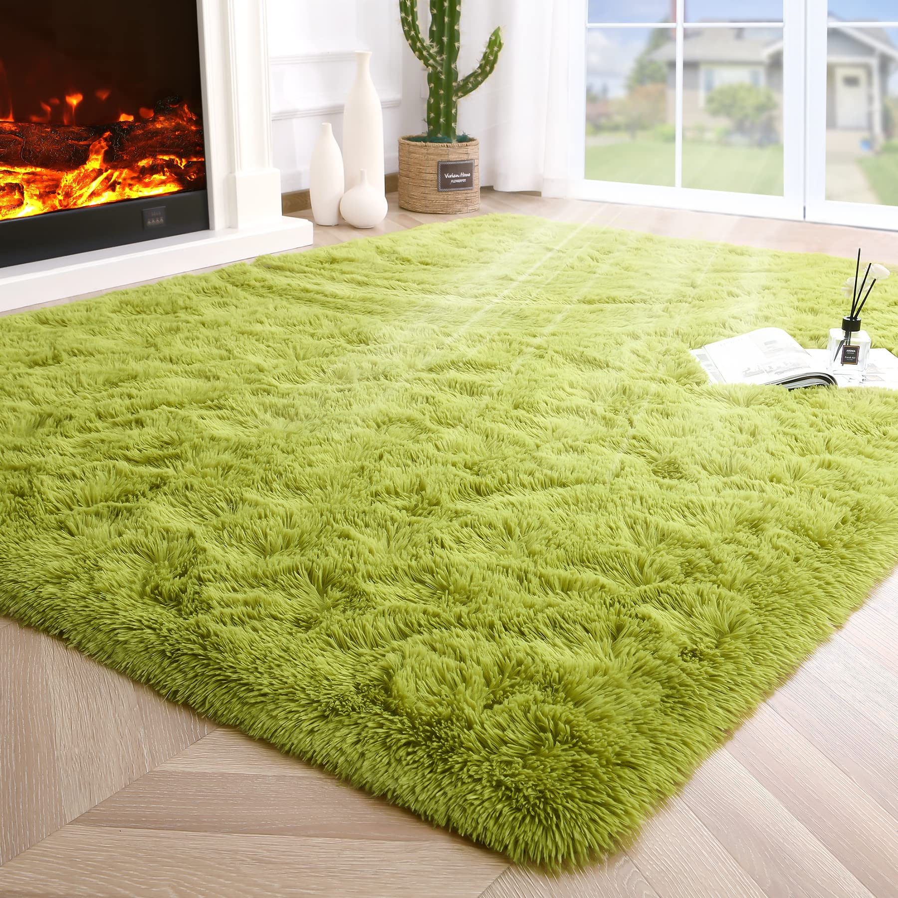8x10 Extra Large Green Area Rug for Living Room Bedroom Dining Room, Fluffy Shag Soft Plush Furry Carpet Solid Color, Non-Slip Indoor Floor Mat for Kids Home Decor