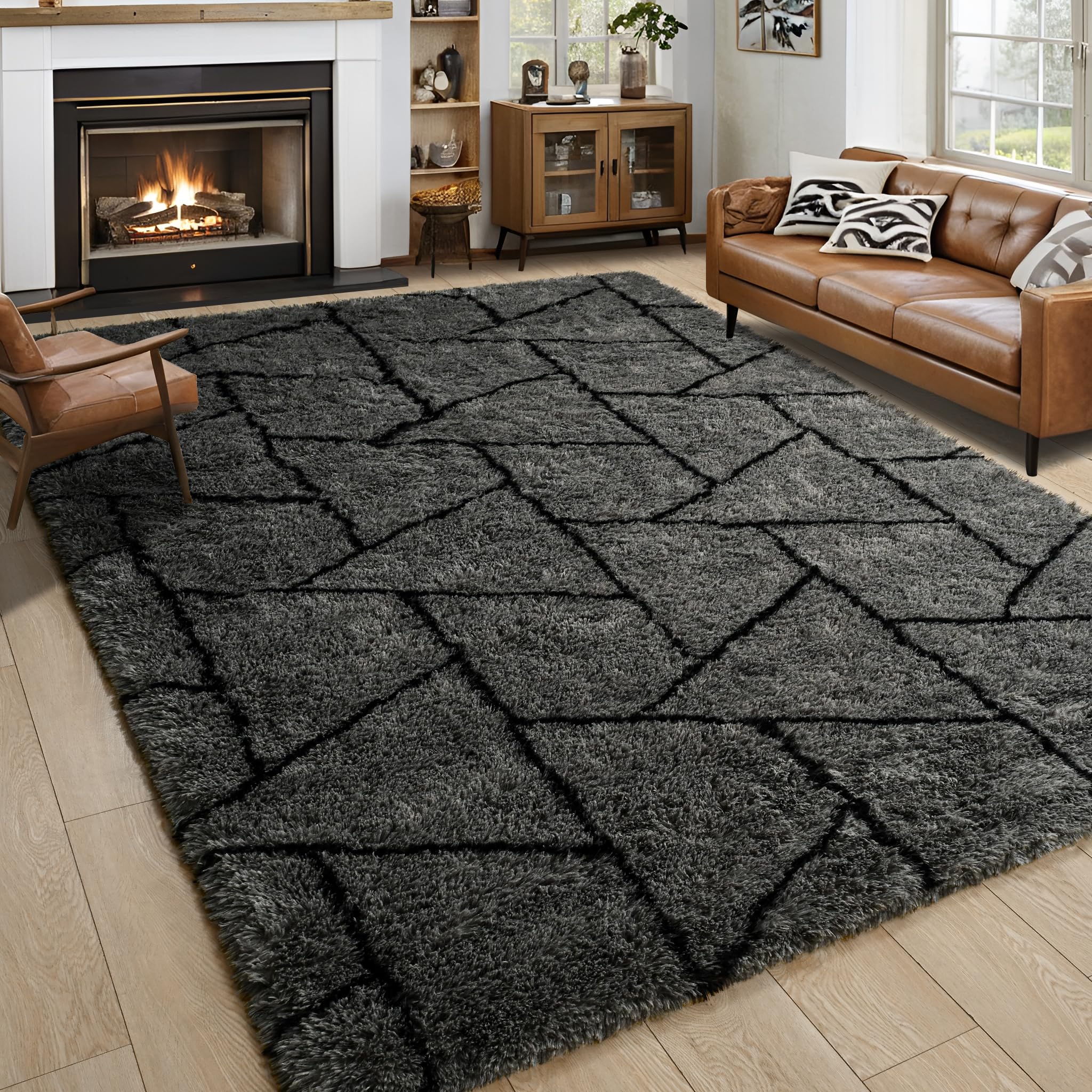 8x10 Extra Large Green Area Rug for Living Room Bedroom Dining Room, Fluffy Shag Soft Plush Furry Carpet Solid Color, Non-Slip Indoor Floor Mat for Kids Home Decor