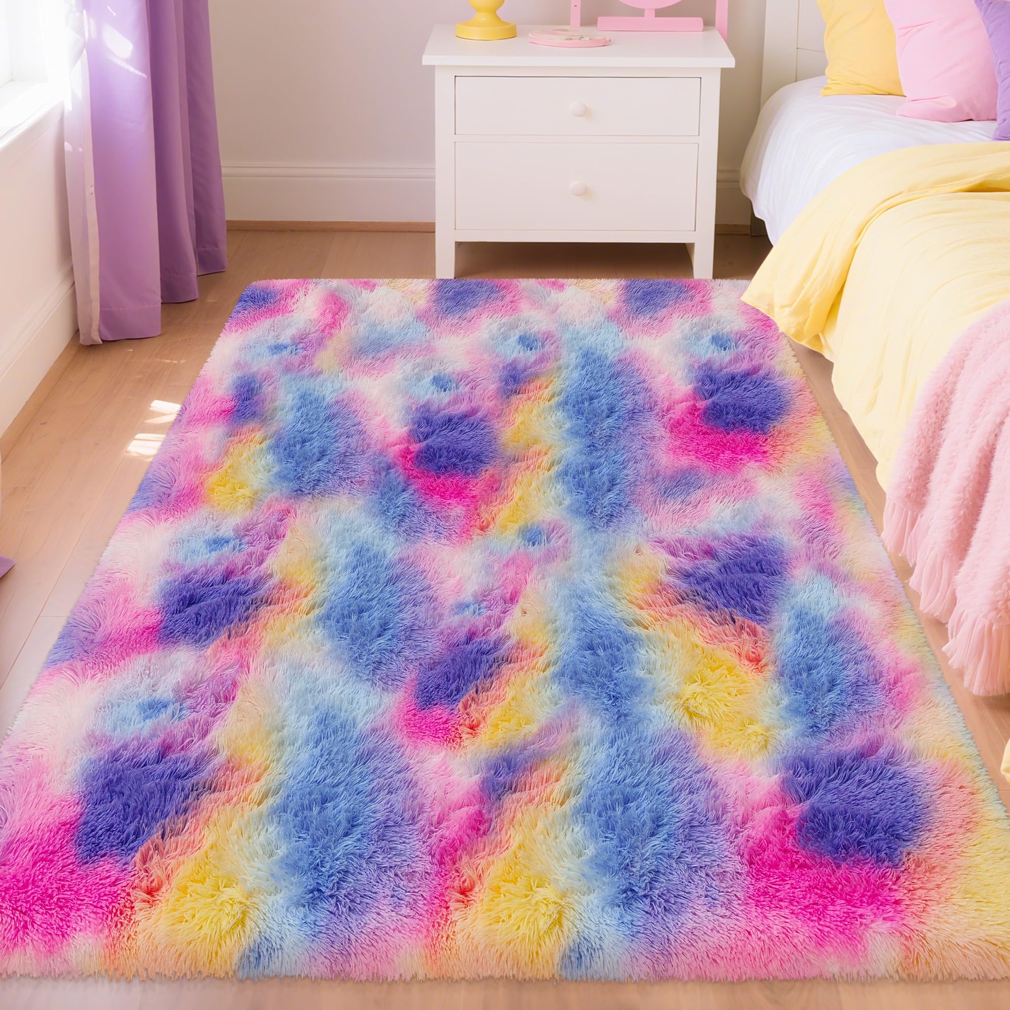 5x8 Ft Light Grey Large Area Rugs for Bedroom,Fluffy Furry Rug Floor Carpets Shaggy Playing Mat for Kids Baby Girls Room Nursery Home Decor Tie Dyed Gray Thick Rugs Fuzzy Home Decor