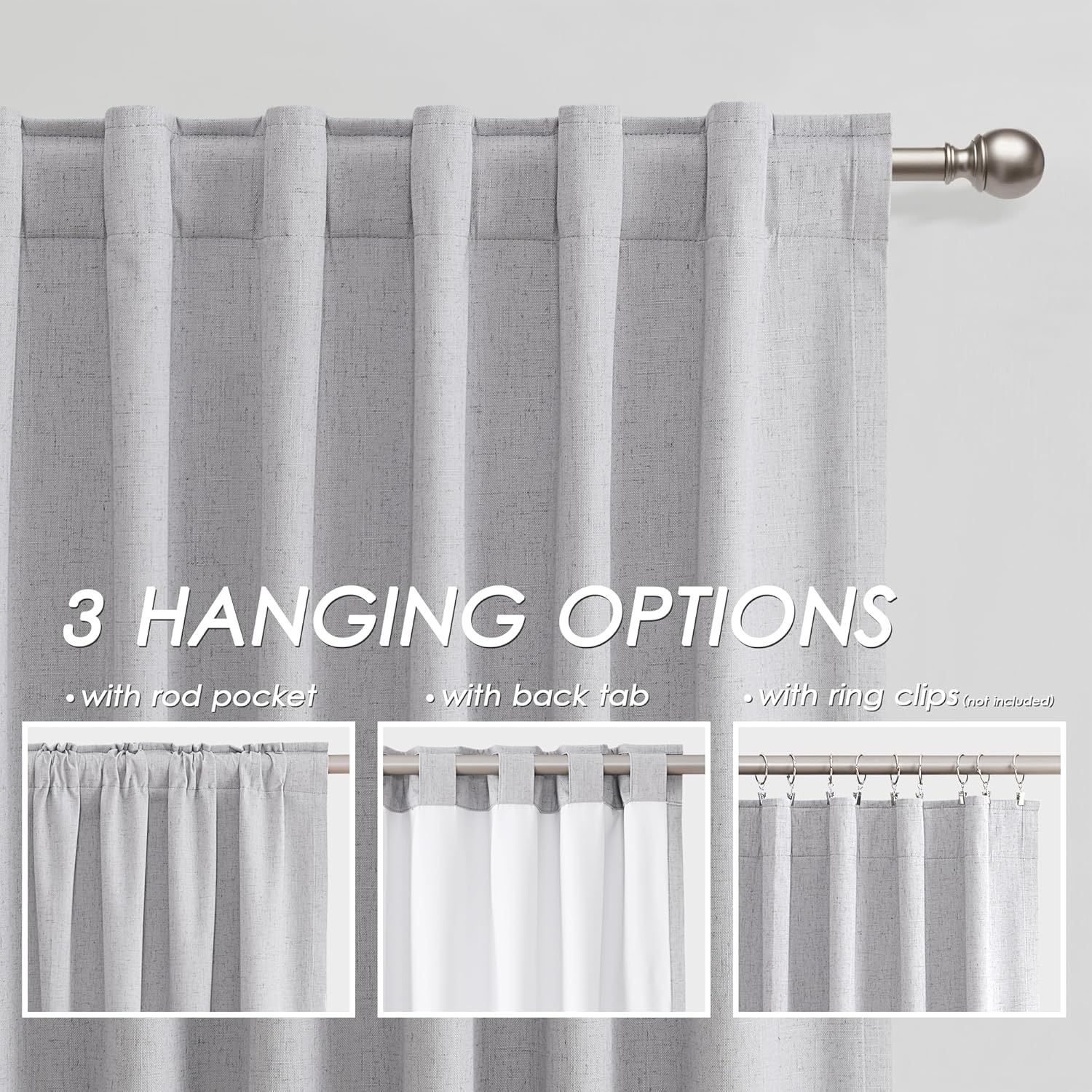 Nanspring Light Grey 100% Blackout Linen Curtains for Bedroom 90 Inches Long Back Tab Thermal Insulated Modern Luxury Simple Black Out Curtain for Living Room Dining Room Drapes 52x90, 2 Panels