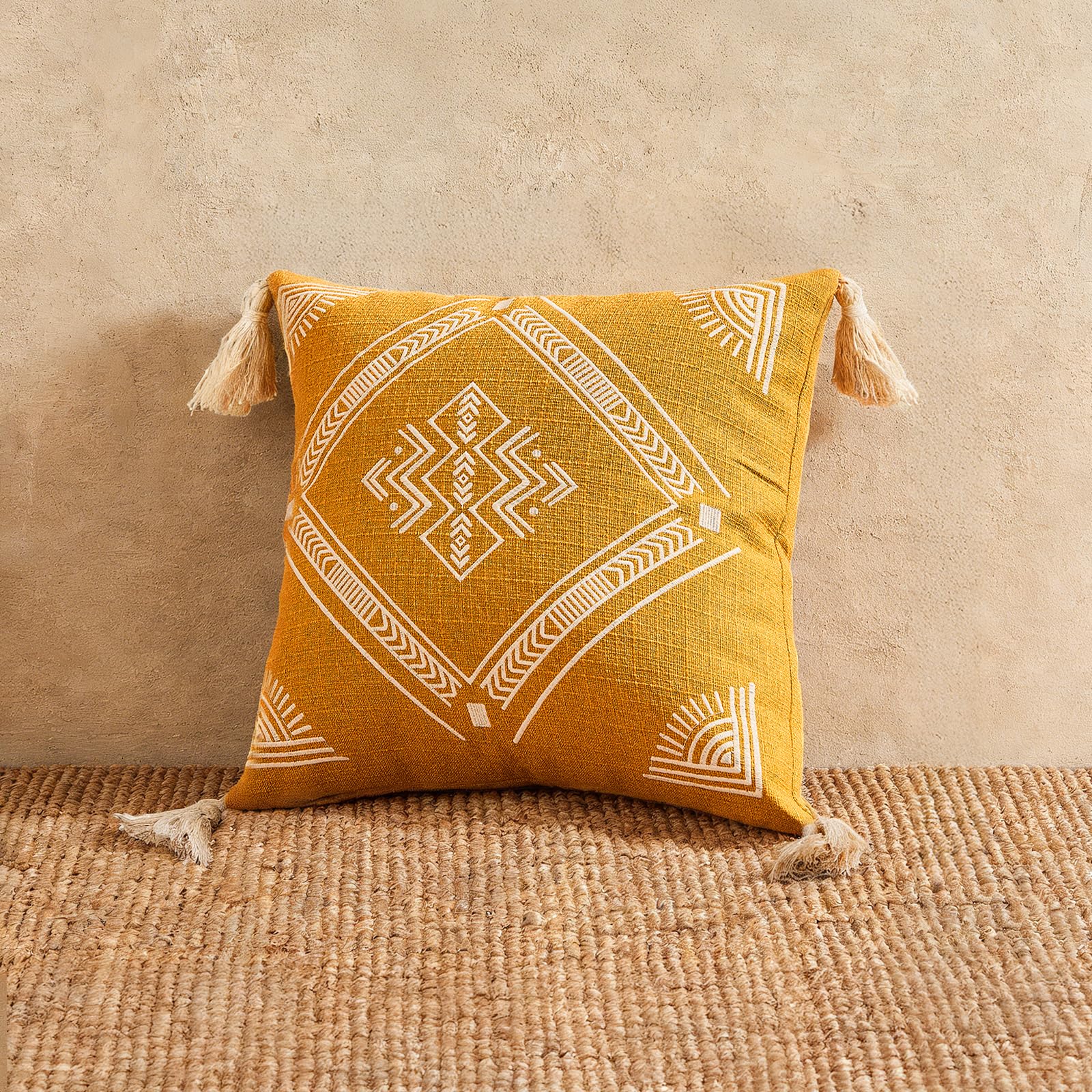 Embroidered Decorative Throw Pillow Cushion, Boho Design with Tassels for Home Accent Decor, Pillow Case Cover with Ultra Soft Insert for Sofa Couch Bed,18x18 Inch (Brown, 18×18 Inch)