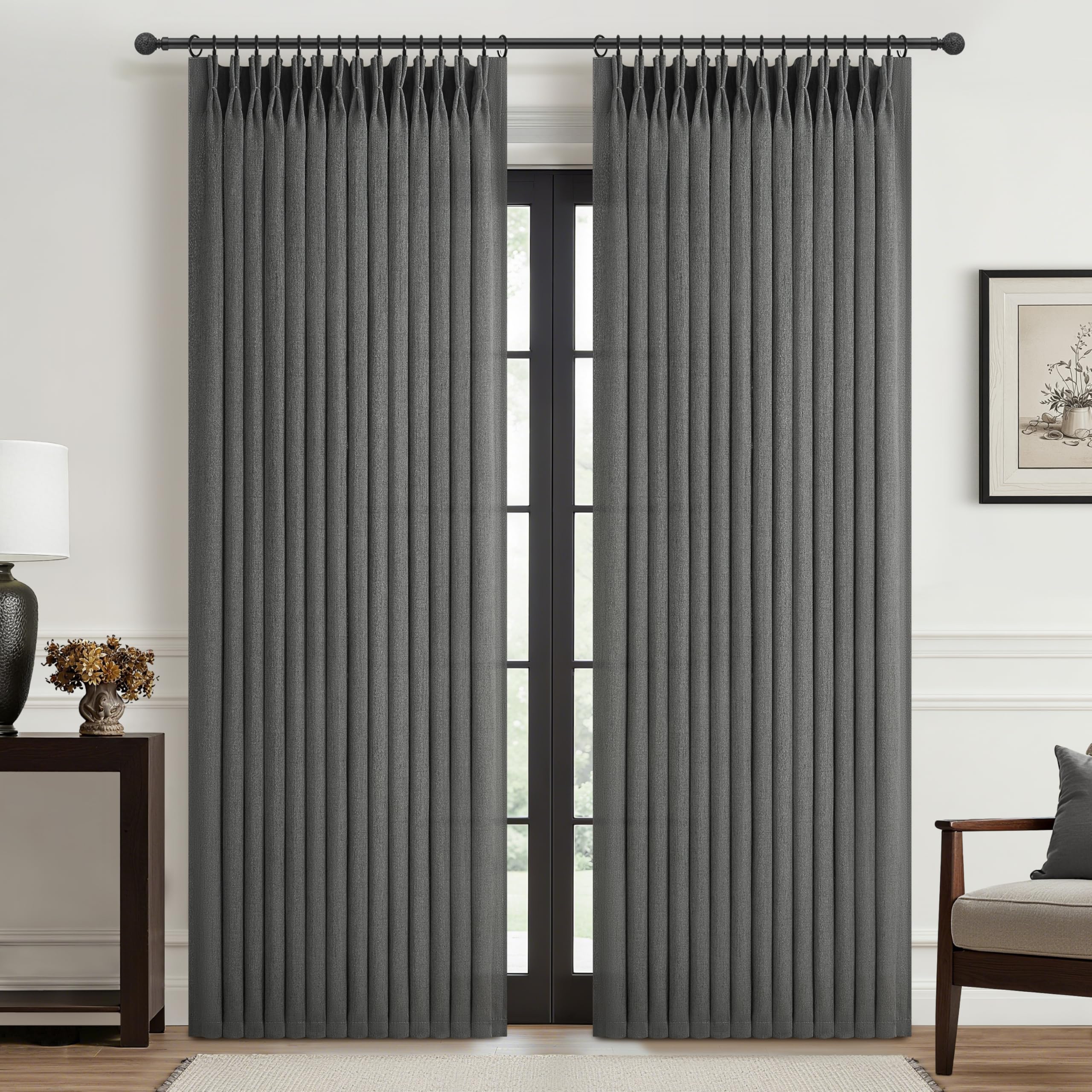 PleatedDrapes 96 Inch Curtains 2 Panel Set, Modern Linen Pleat Back Tab Dining Room Window Curtains Light Filtering Aesthetic Semi Sheer Living Room Drapes with Hooks Ring Cream Oatmeal W40 x L96