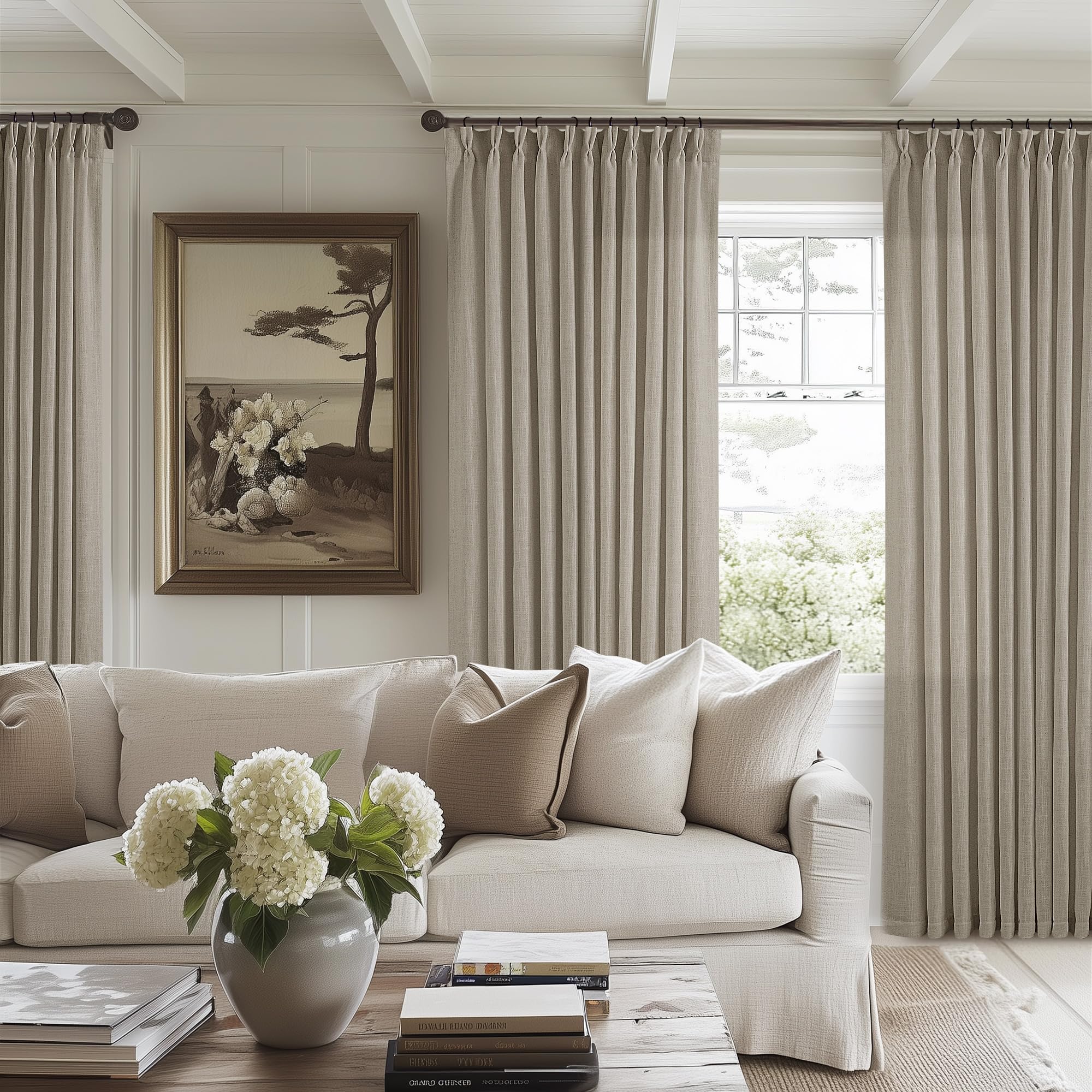 90 Inch Pinch Pleated Linen Curtains 2 Panel Set for Living Room Cream Natural Thick Linen Textured Drapes 90 Inches Long Pinch Pleat Drapes Birch Ivory Semi Sheer Curtain for Dining Bedroom Office