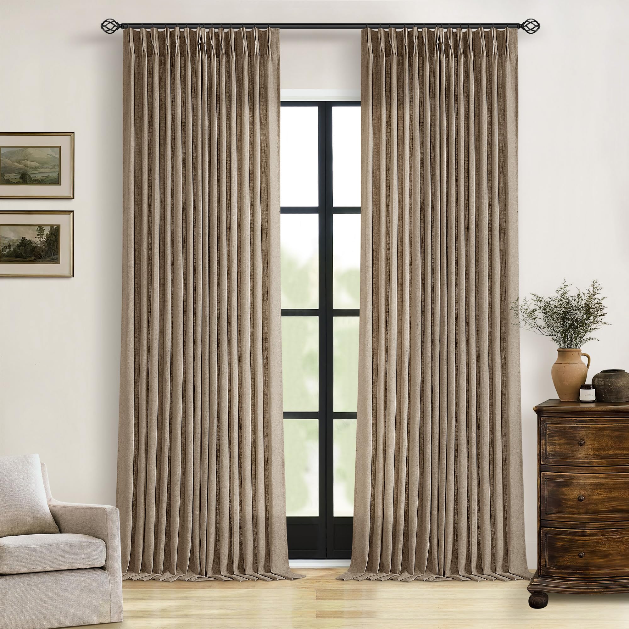90 Inch Pinch Pleated Linen Curtains 2 Panel Set for Living Room Cream Natural Thick Linen Textured Drapes 90 Inches Long Pinch Pleat Drapes Birch Ivory Semi Sheer Curtain for Dining Bedroom Office