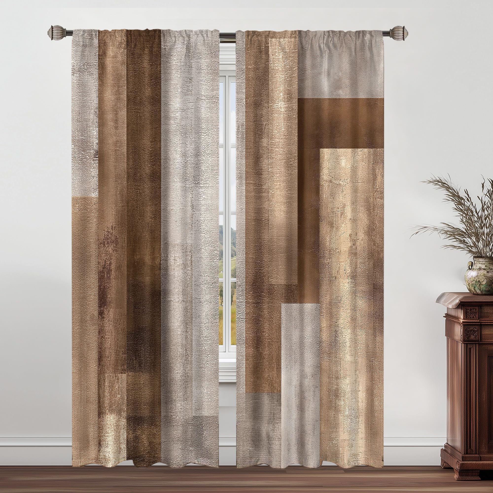 Abstract Brown Grey Curtains 52Wx84H Inch Rod Pocket Rustic Vintage Geometric Blocks Farmhouse Modern Minimalist Art Printed Simple Living Room Bedroom Window Drapes Treatment 2 Panels