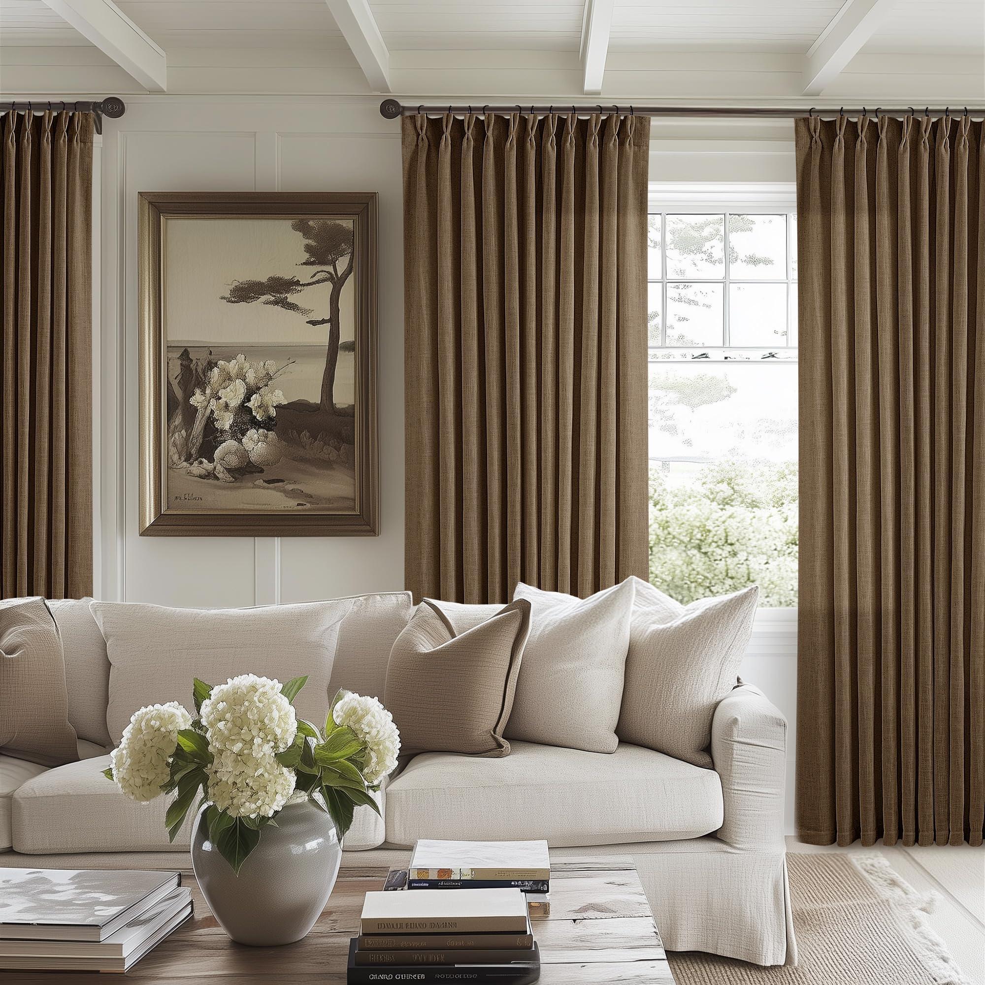 90 Inch Pinch Pleated Linen Curtains 2 Panel Set for Living Room Cream Natural Thick Linen Textured Drapes 90 Inches Long Pinch Pleat Drapes Birch Ivory Semi Sheer Curtain for Dining Bedroom Office