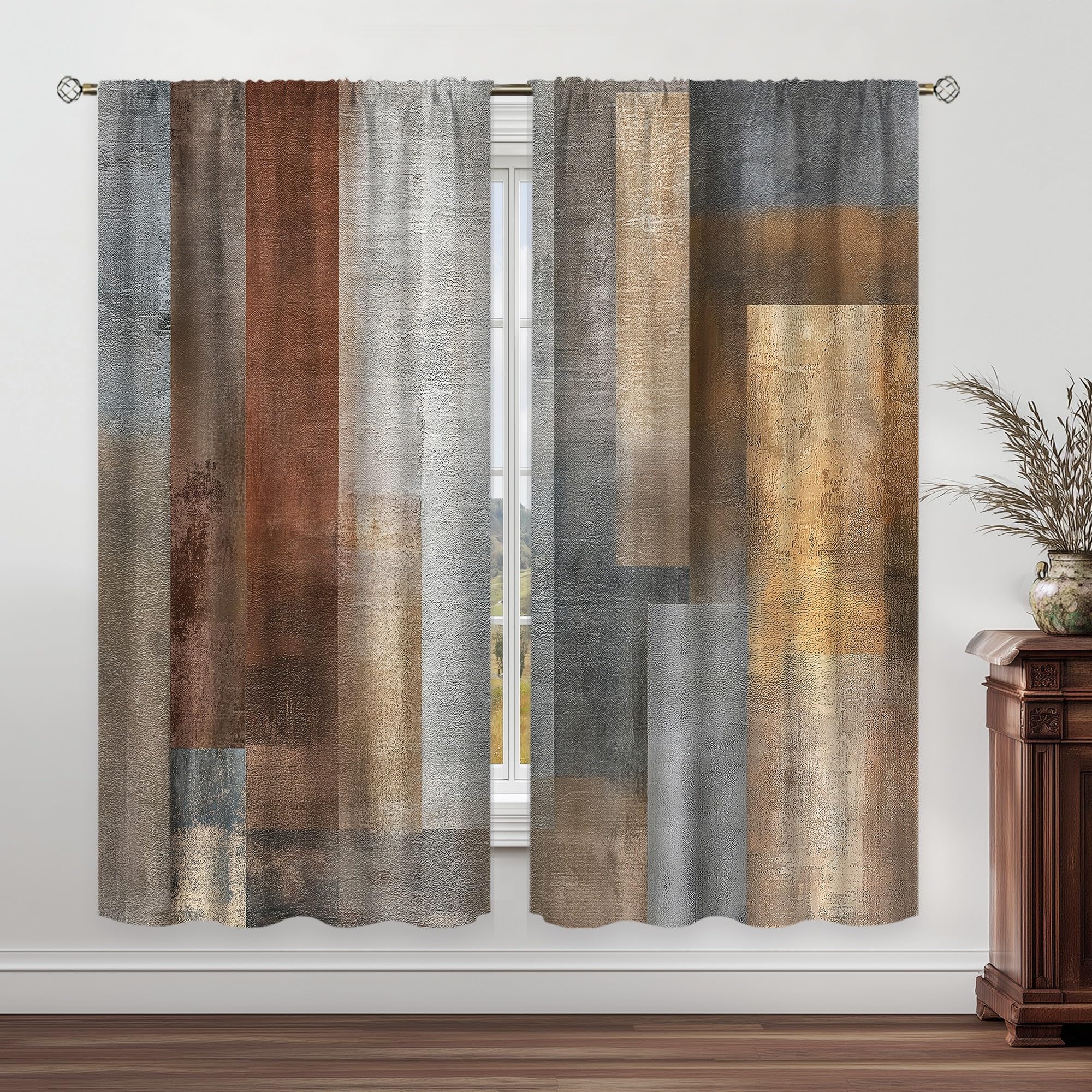 Abstract Brown Grey Curtains 52Wx84H Inch Rod Pocket Rustic Vintage Geometric Blocks Farmhouse Modern Minimalist Art Printed Simple Living Room Bedroom Window Drapes Treatment 2 Panels