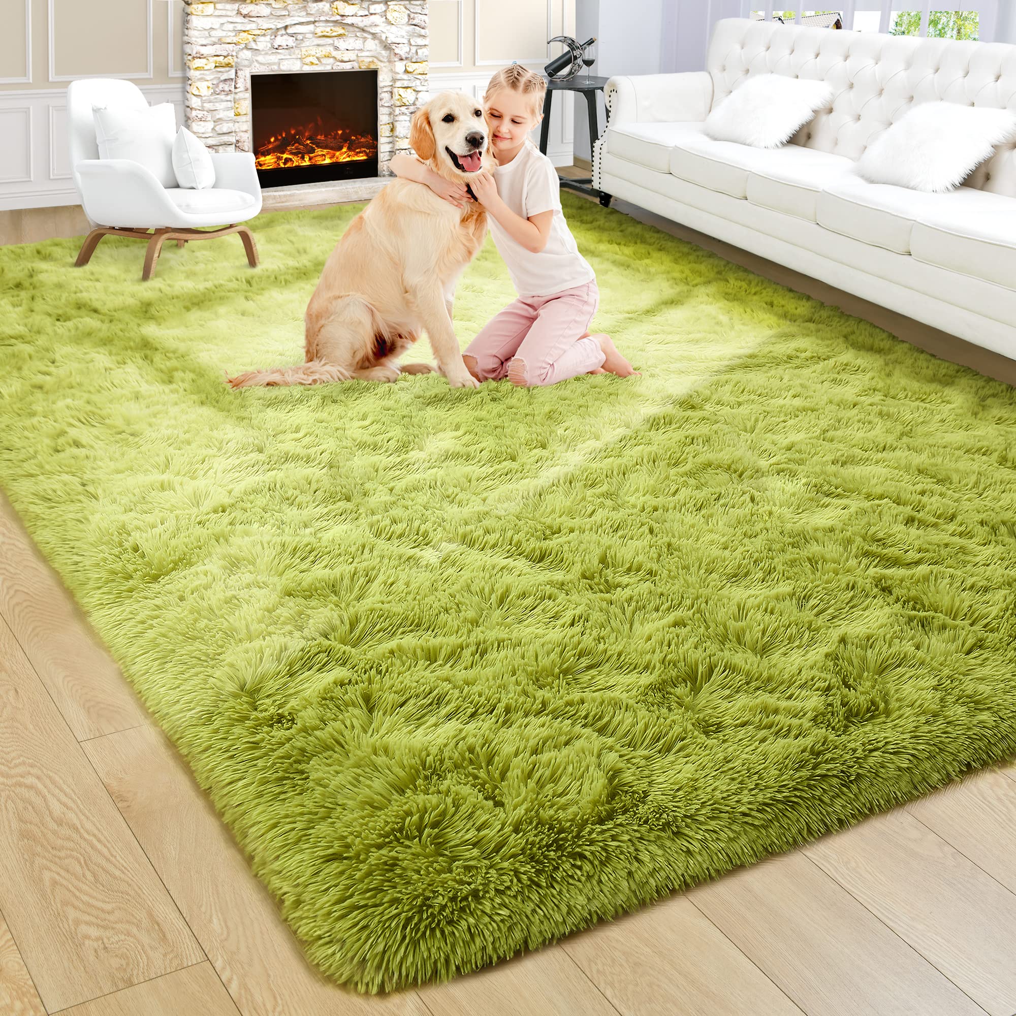 8x10 Extra Large Green Area Rug for Living Room Bedroom Dining Room, Fluffy Shag Soft Plush Furry Carpet Solid Color, Non-Slip Indoor Floor Mat for Kids Home Decor