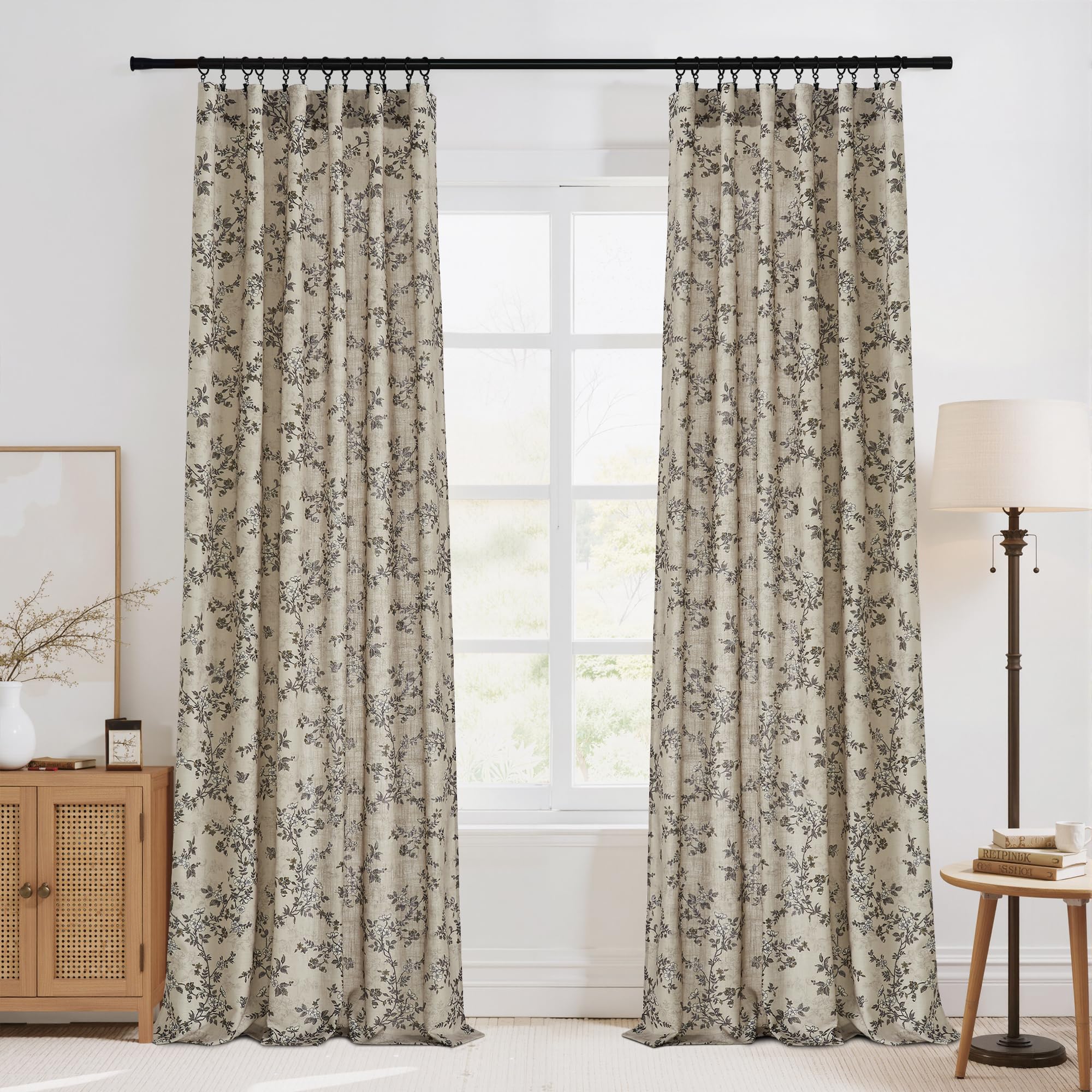 StangH Extra Long Vintage Curtains 108 Inch Long, Butterfly Pattern Linen Blend Drapes, Moody Retro Botanical Light Filtering Window Curtains for Living Room, Khaki, W52 x L108, 2 Panels