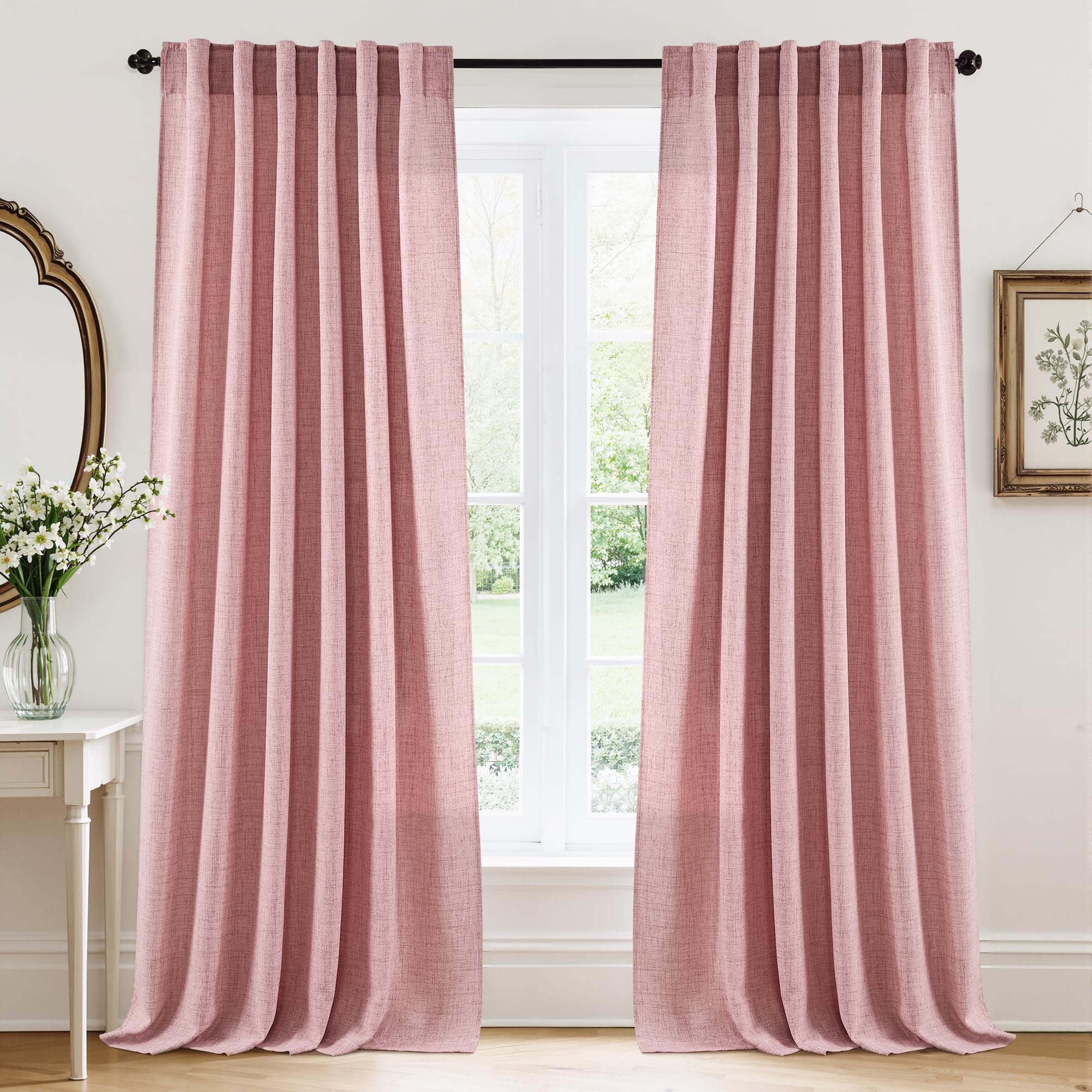 RYB HOME Farmhouse Sheer Curtains 108 inch Length, Semi Sheer Curtain & Drapes Large Window Dressing Lights & Winds Filter for Bedroom Home Office Living Room, Linen, W 70 x L 108 inch Long, 1 Pair
