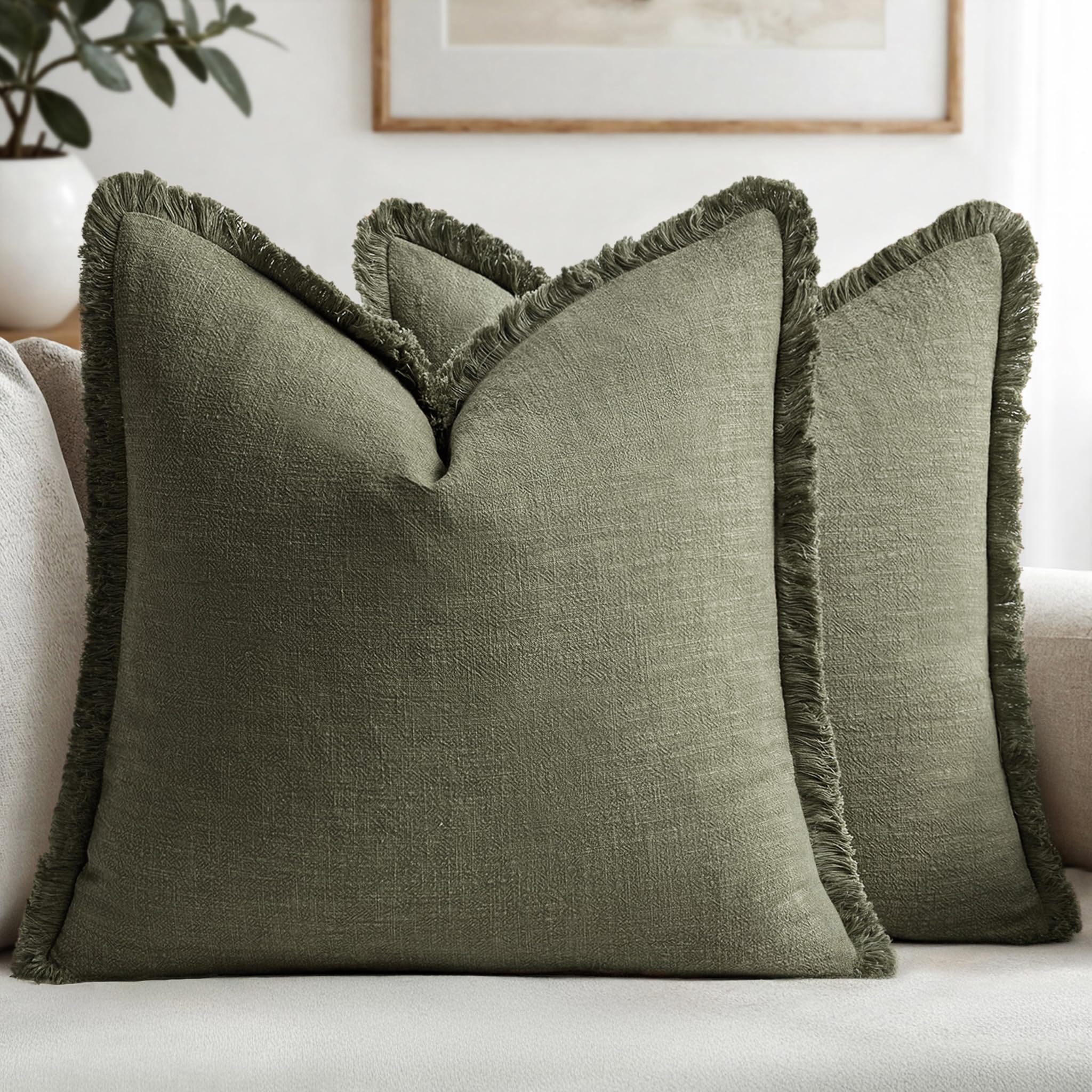 MIULEE Decorative Throw Pillow Covers Neutral Linen Fringe Throw Pillows Euro Shams Set of 2 Sage Green Boho Farmhouse Cushion Covers for Couch Sofa Bed Living Room Spring Home Decor 26x26 Inch
