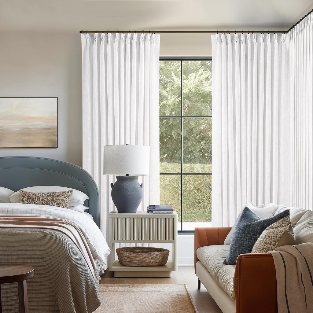 90 Inch Pinch Pleated Linen Curtains 2 Panel Set for Living Room Cream Natural Thick Linen Textured Drapes 90 Inches Long Pinch Pleat Drapes Birch Ivory Semi Sheer Curtain for Dining Bedroom Office