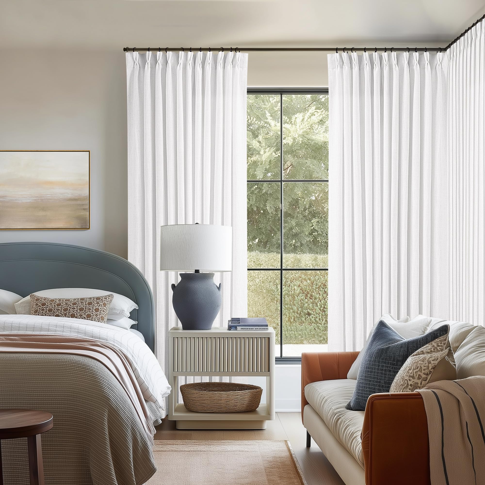 90 Inch Pinch Pleated Linen Curtains 2 Panel Set for Living Room Cream Natural Thick Linen Textured Drapes 90 Inches Long Pinch Pleat Drapes Birch Ivory Semi Sheer Curtain for Dining Bedroom Office