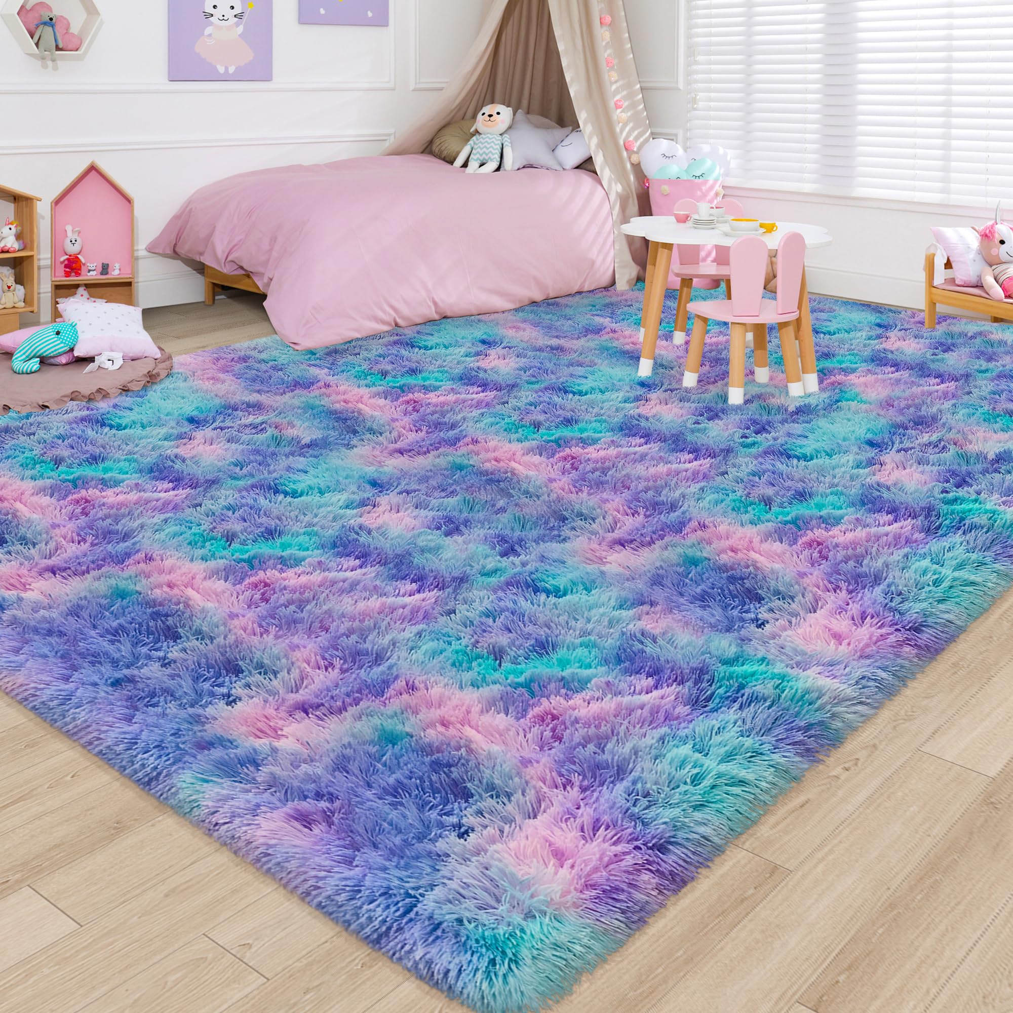 5x8 Ft Light Grey Large Area Rugs for Bedroom,Fluffy Furry Rug Floor Carpets Shaggy Playing Mat for Kids Baby Girls Room Nursery Home Decor Tie Dyed Gray Thick Rugs Fuzzy Home Decor