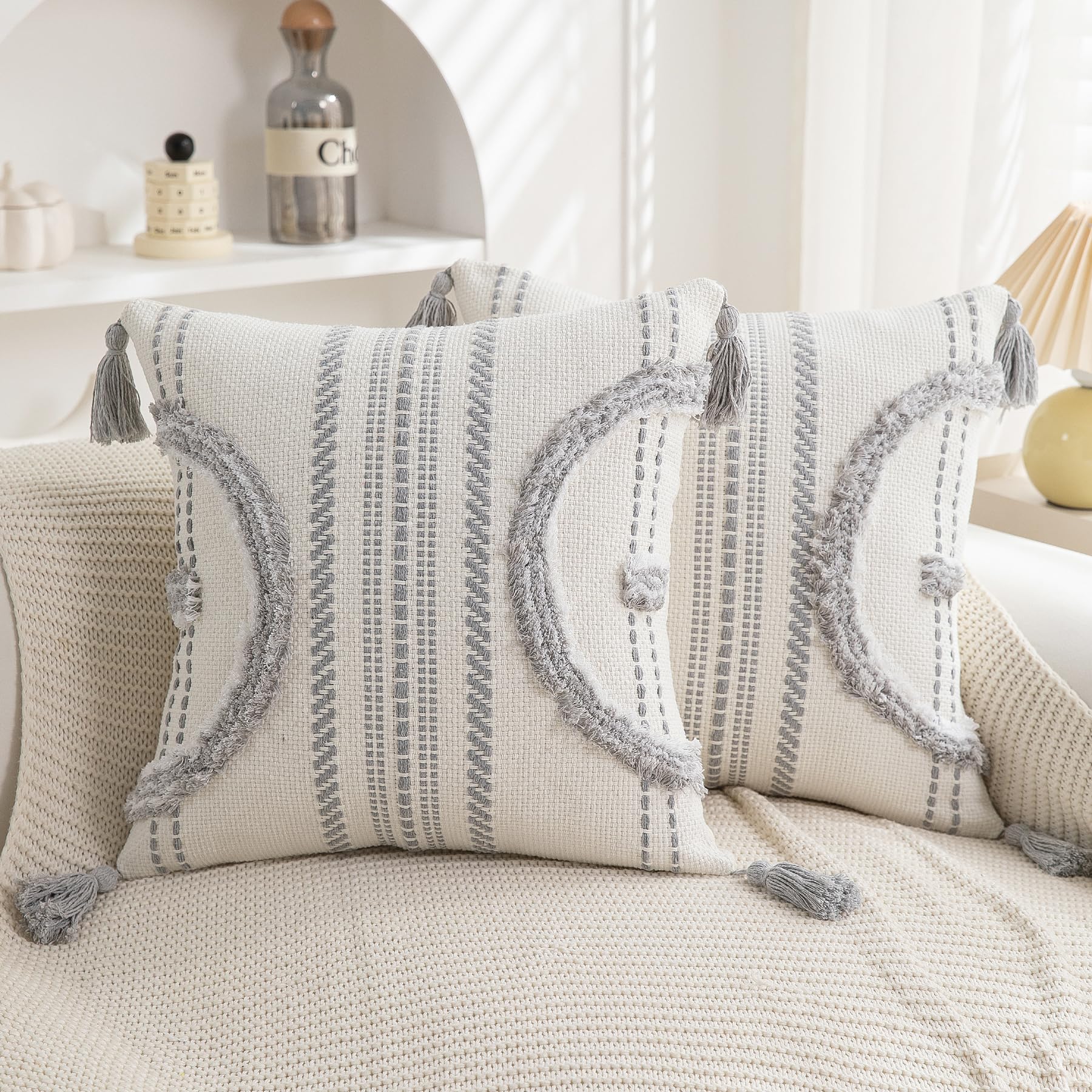 2-Pack 18×18" Beige Boho Tufted Pillow Covers with Tassels, Woven Cotton Decor Cases for Sofa & Bed