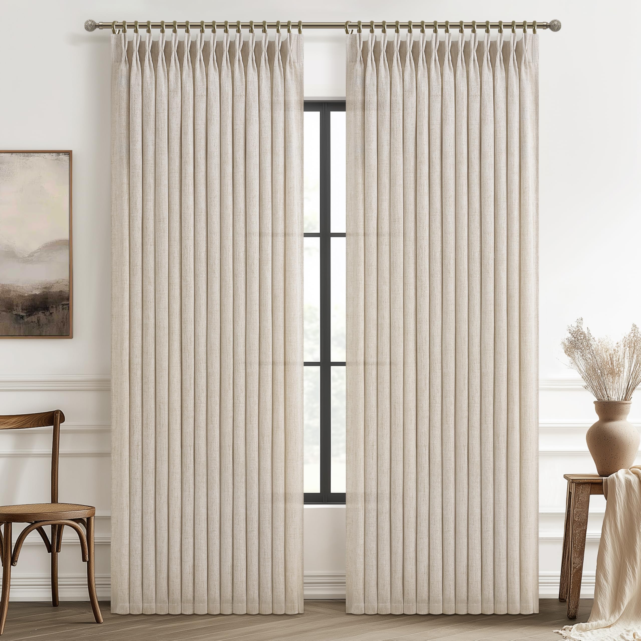 PleatedDrapes 96 Inch Curtains 2 Panel Set, Modern Linen Pleat Back Tab Dining Room Window Curtains Light Filtering Aesthetic Semi Sheer Living Room Drapes with Hooks Ring Cream Oatmeal W40 x L96