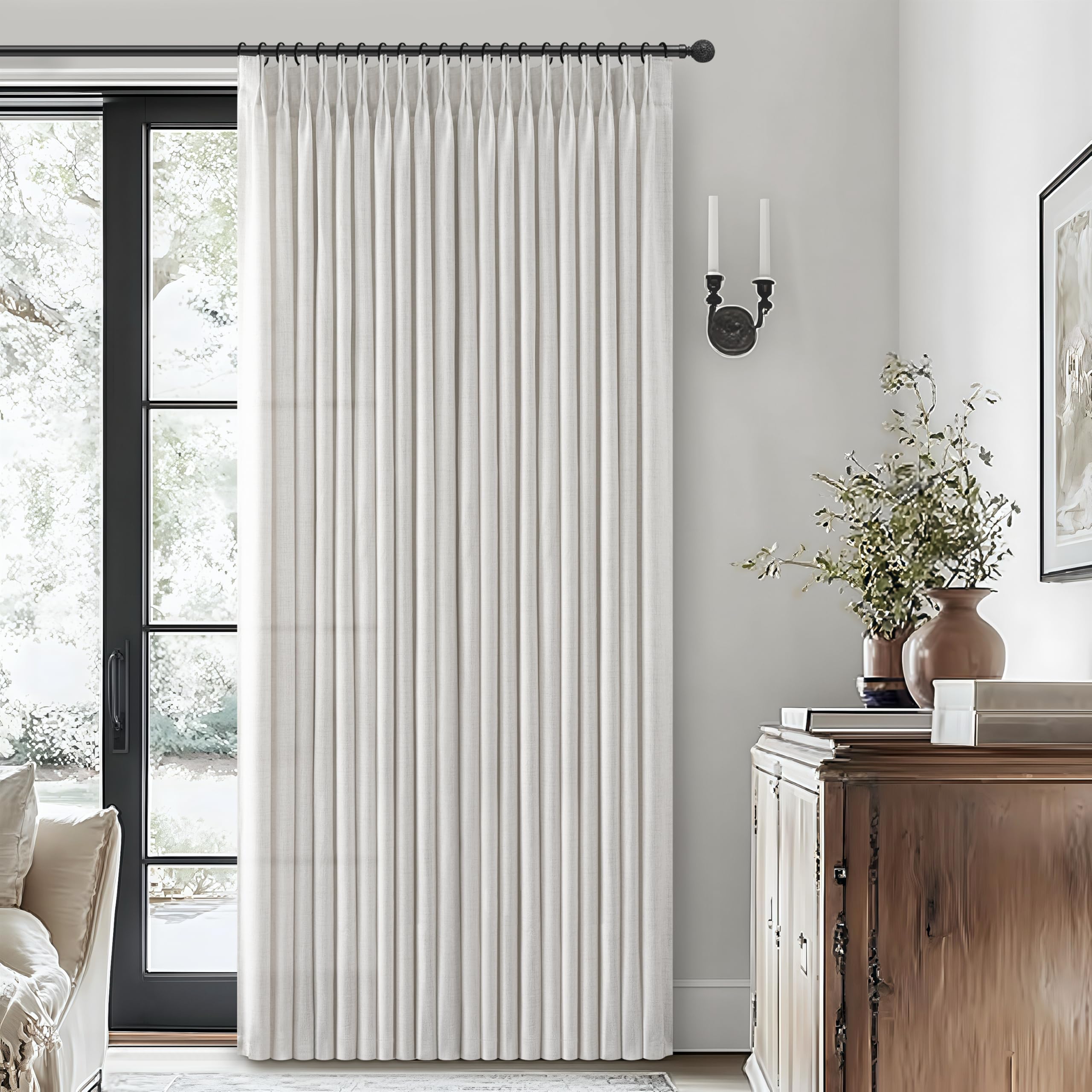 PleatedDrapes 96 Inch Curtains 2 Panel Set, Modern Linen Pleat Back Tab Dining Room Window Curtains Light Filtering Aesthetic Semi Sheer Living Room Drapes with Hooks Ring Cream Oatmeal W40 x L96