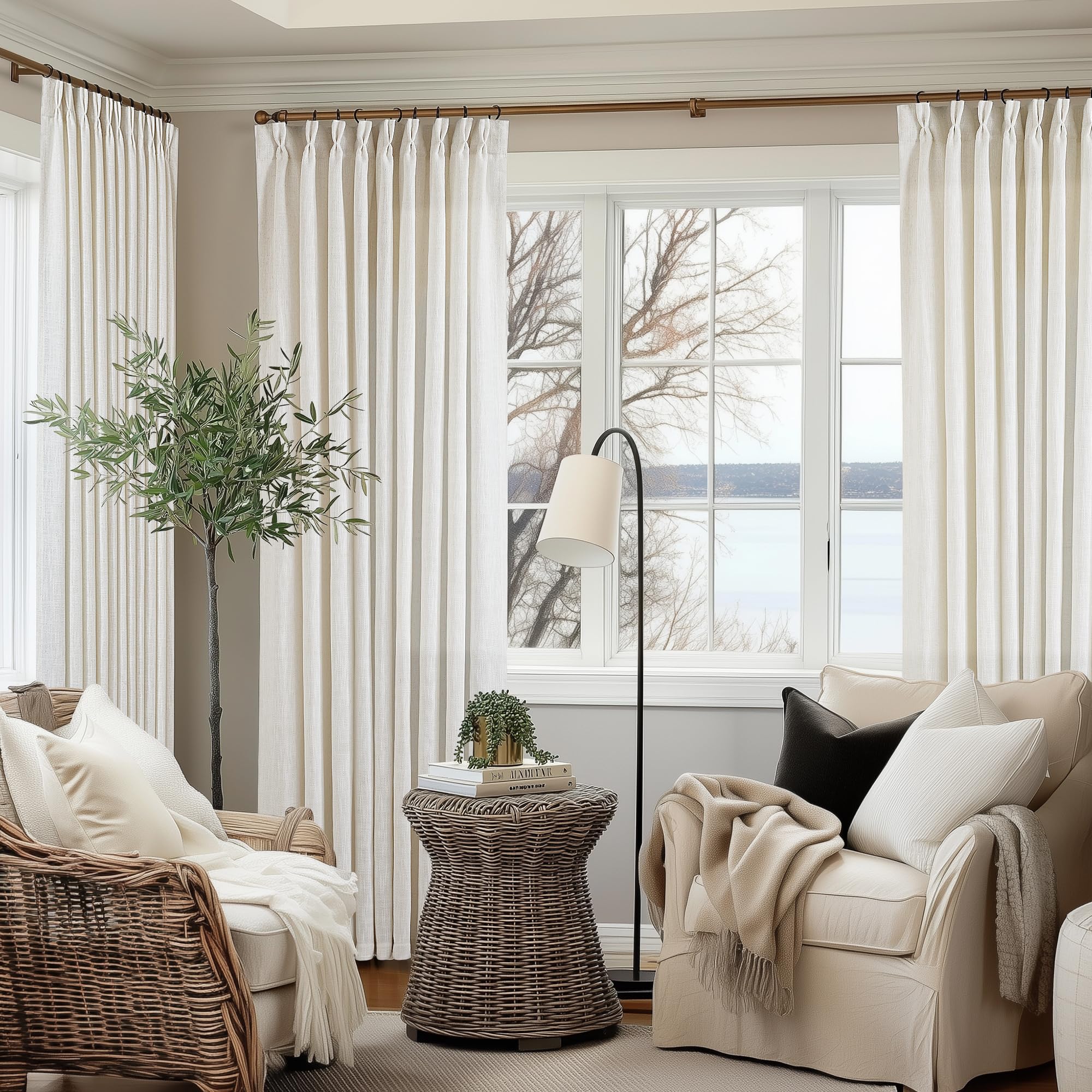 90 Inch Pinch Pleated Linen Curtains 2 Panel Set for Living Room Cream Natural Thick Linen Textured Drapes 90 Inches Long Pinch Pleat Drapes Birch Ivory Semi Sheer Curtain for Dining Bedroom Office