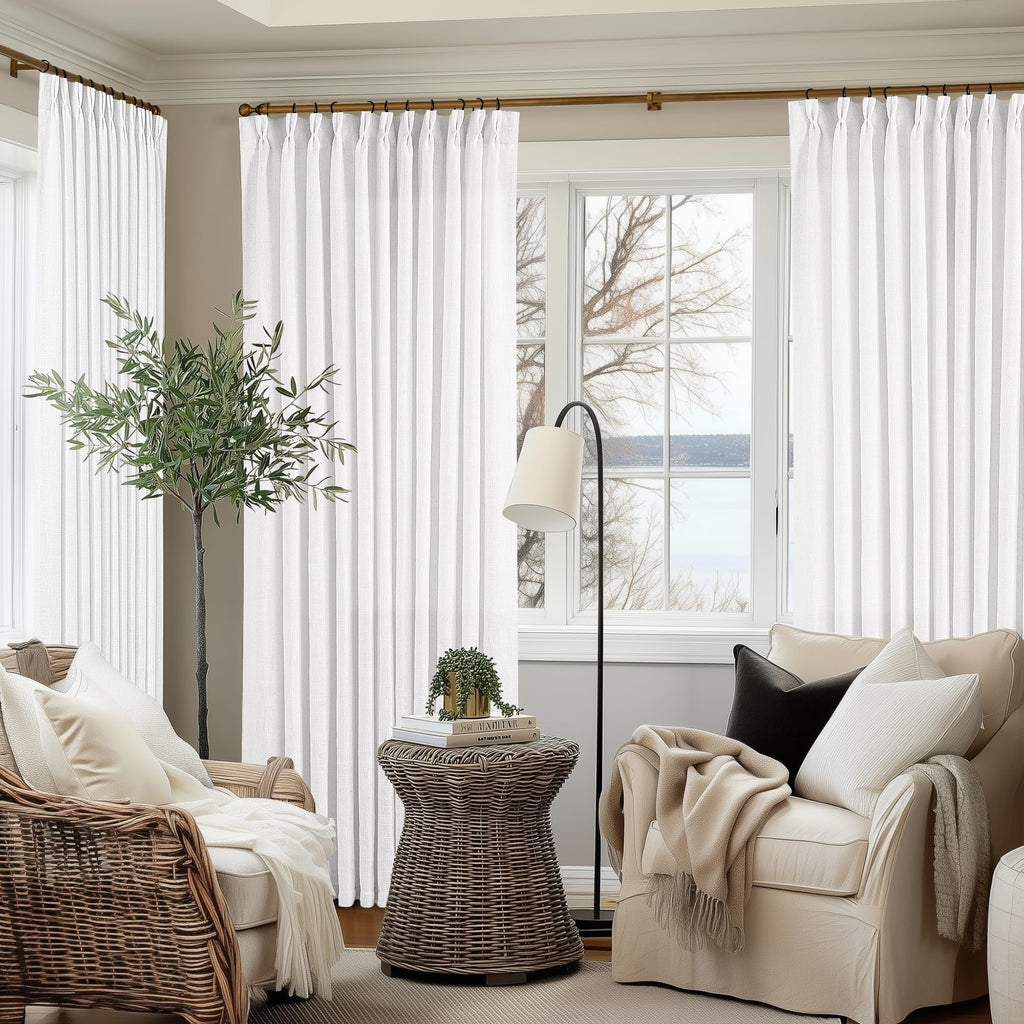 90 Inch Pinch Pleated Linen Curtains 2 Panel Set for Living Room Cream Natural Thick Linen Textured Drapes 90 Inches Long Pinch Pleat Drapes Birch Ivory Semi Sheer Curtain for Dining Bedroom Office