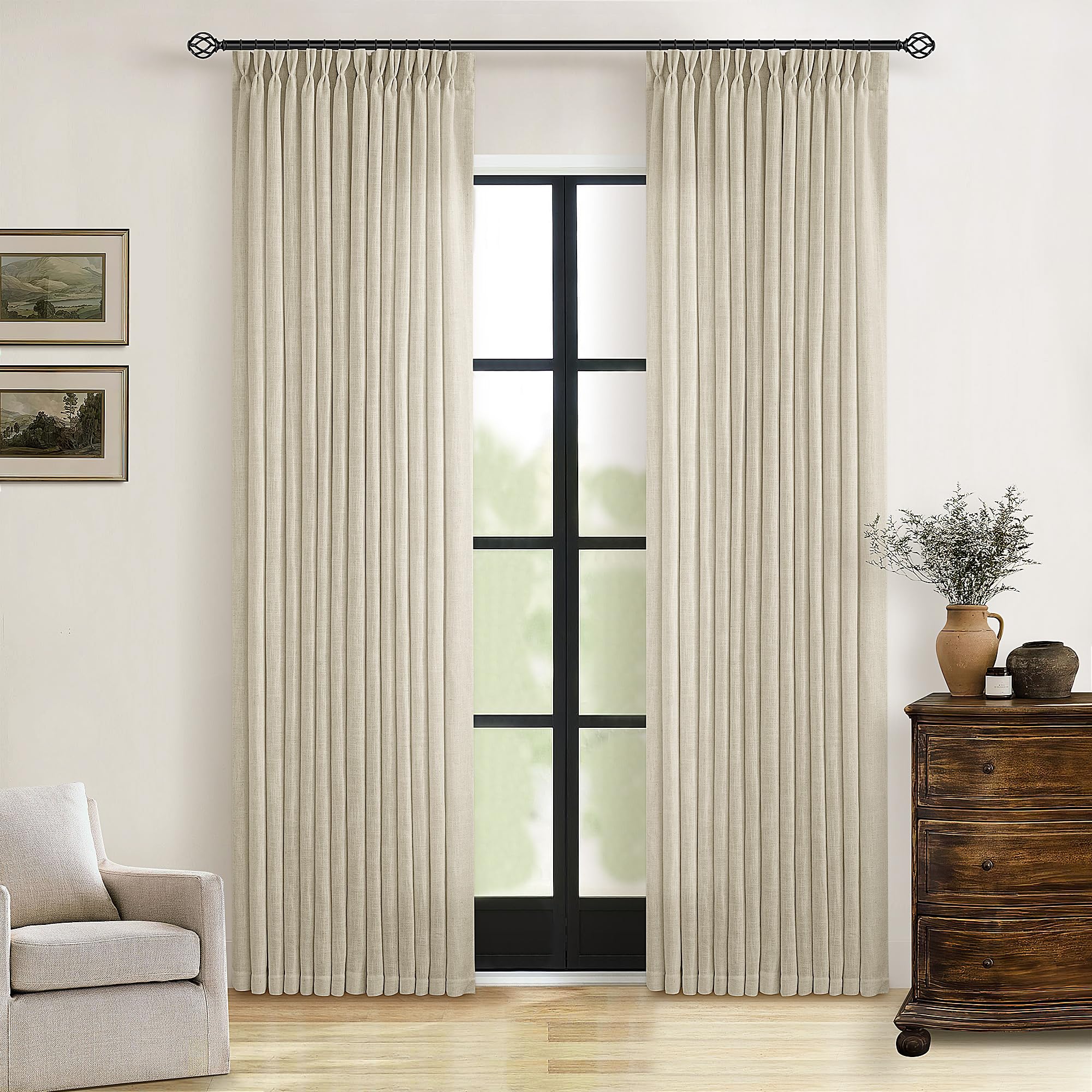 90 Inch Pinch Pleated Linen Curtains 2 Panel Set for Living Room Cream Natural Thick Linen Textured Drapes 90 Inches Long Pinch Pleat Drapes Birch Ivory Semi Sheer Curtain for Dining Bedroom Office