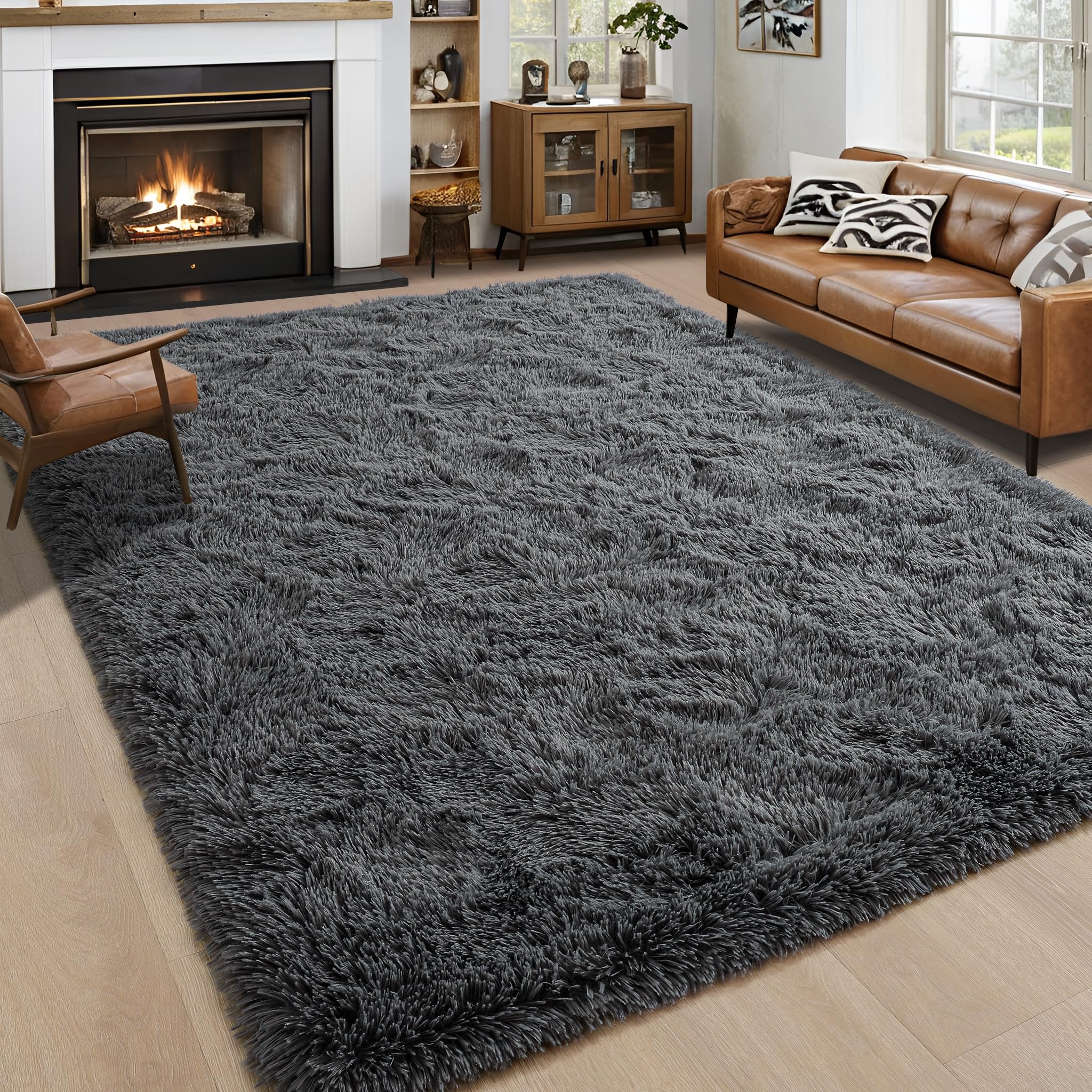 8x10 Extra Large Green Area Rug for Living Room Bedroom Dining Room, Fluffy Shag Soft Plush Furry Carpet Solid Color, Non-Slip Indoor Floor Mat for Kids Home Decor